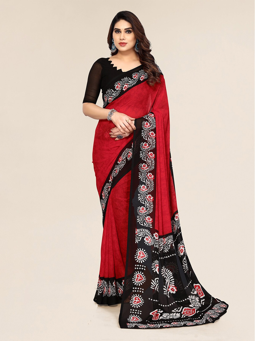 

ANAND SAREES Floral Printed Pure Georgette Saree, Red