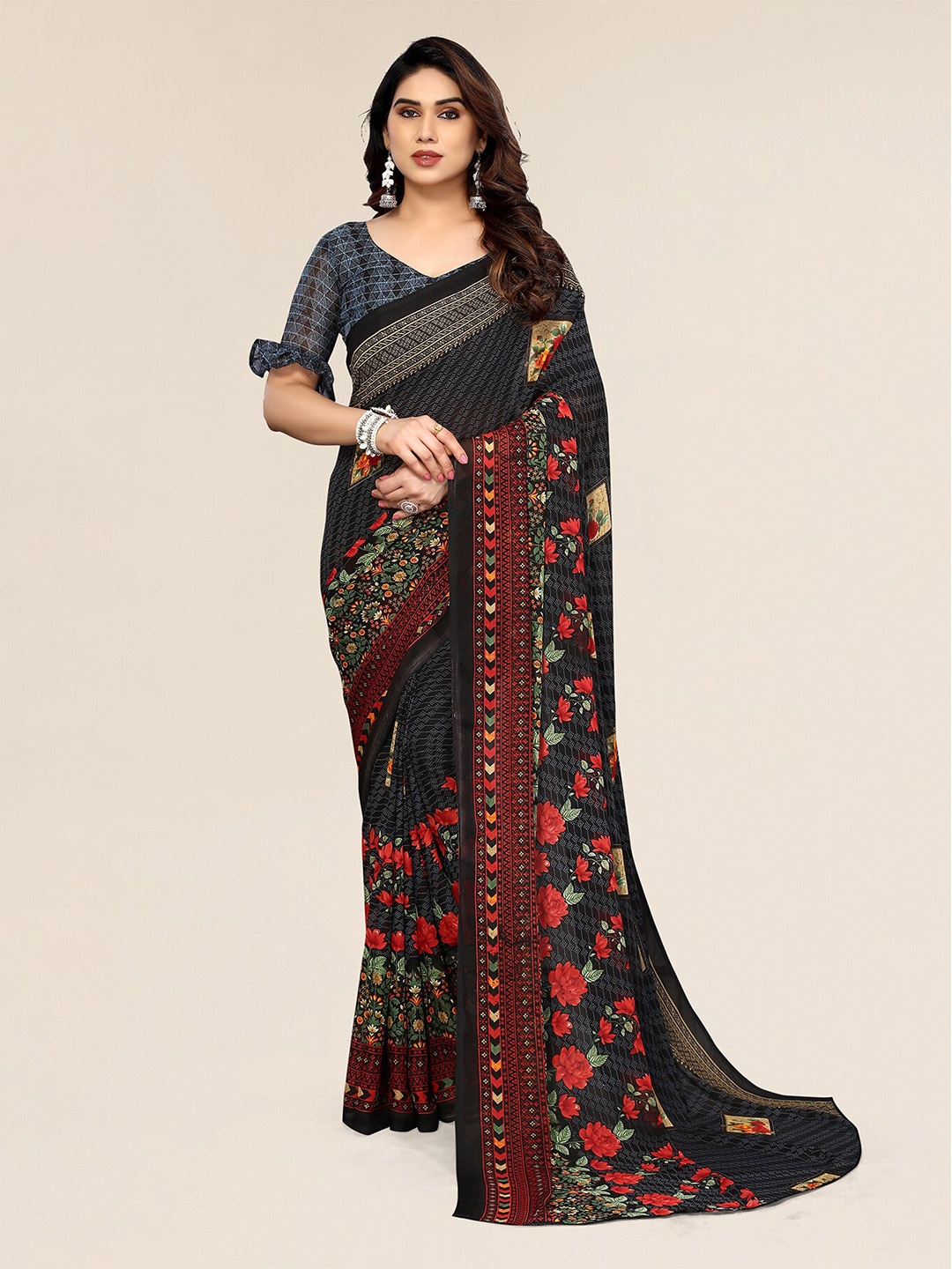 

ANAND SAREES Geometric Printed Pure Georgette Saree, Black