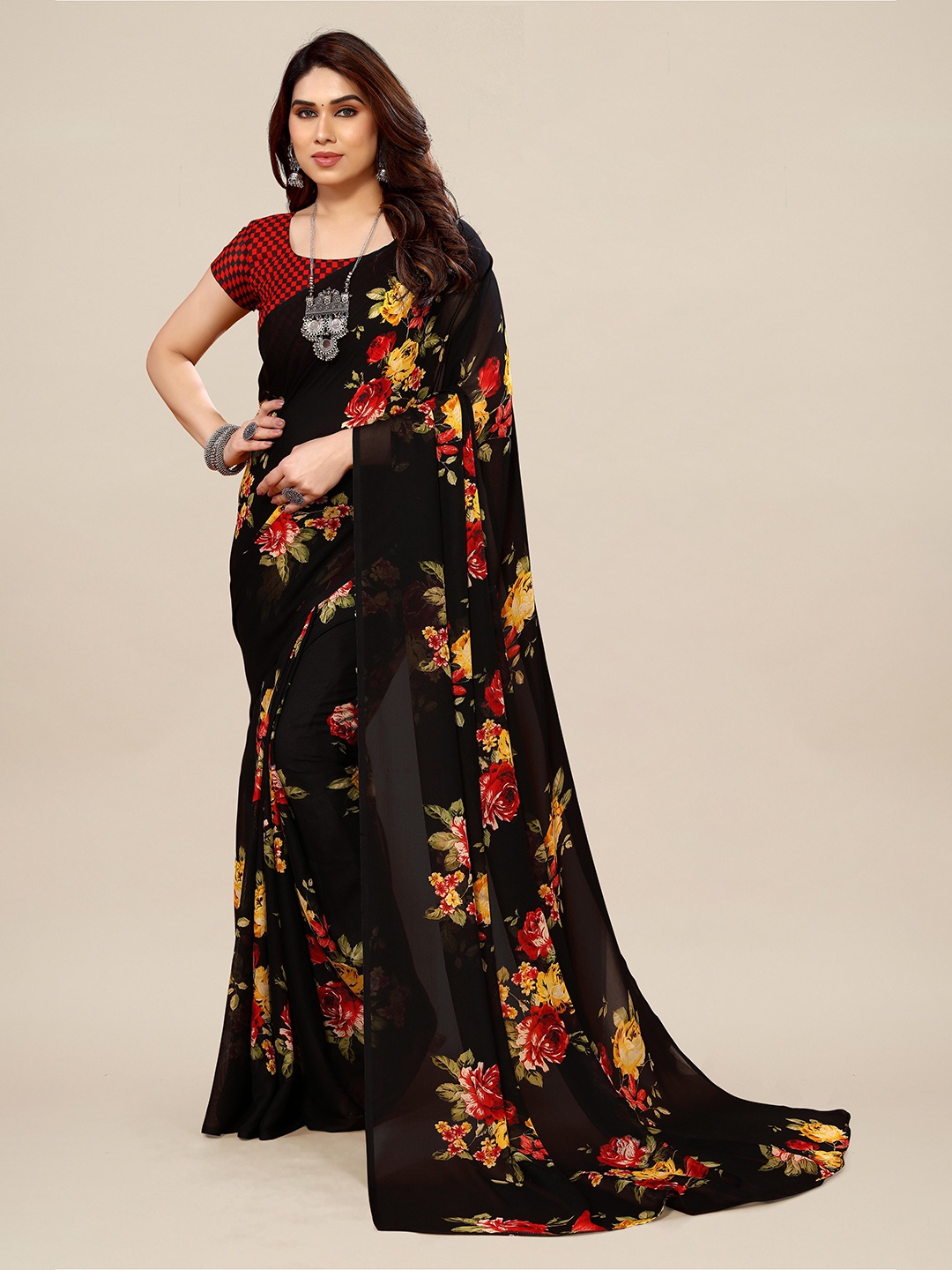 

Moda Rapido Floral Printed Pure Georgette Saree, Black