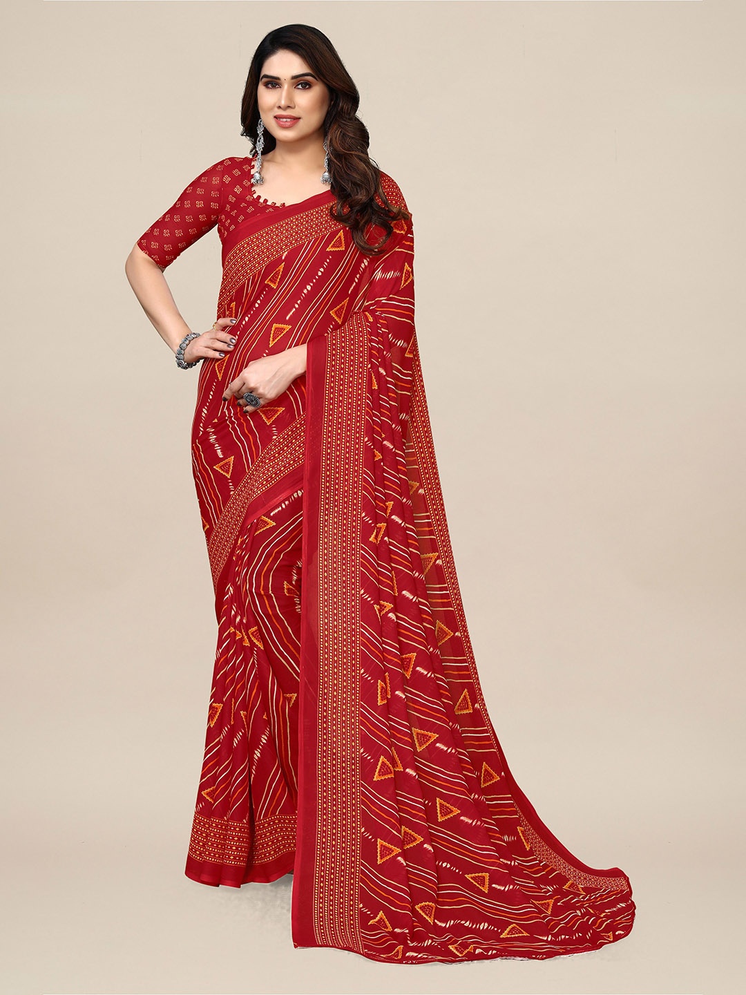 

ANAND SAREES Geometric Printed Pure Georgette Saree, Red