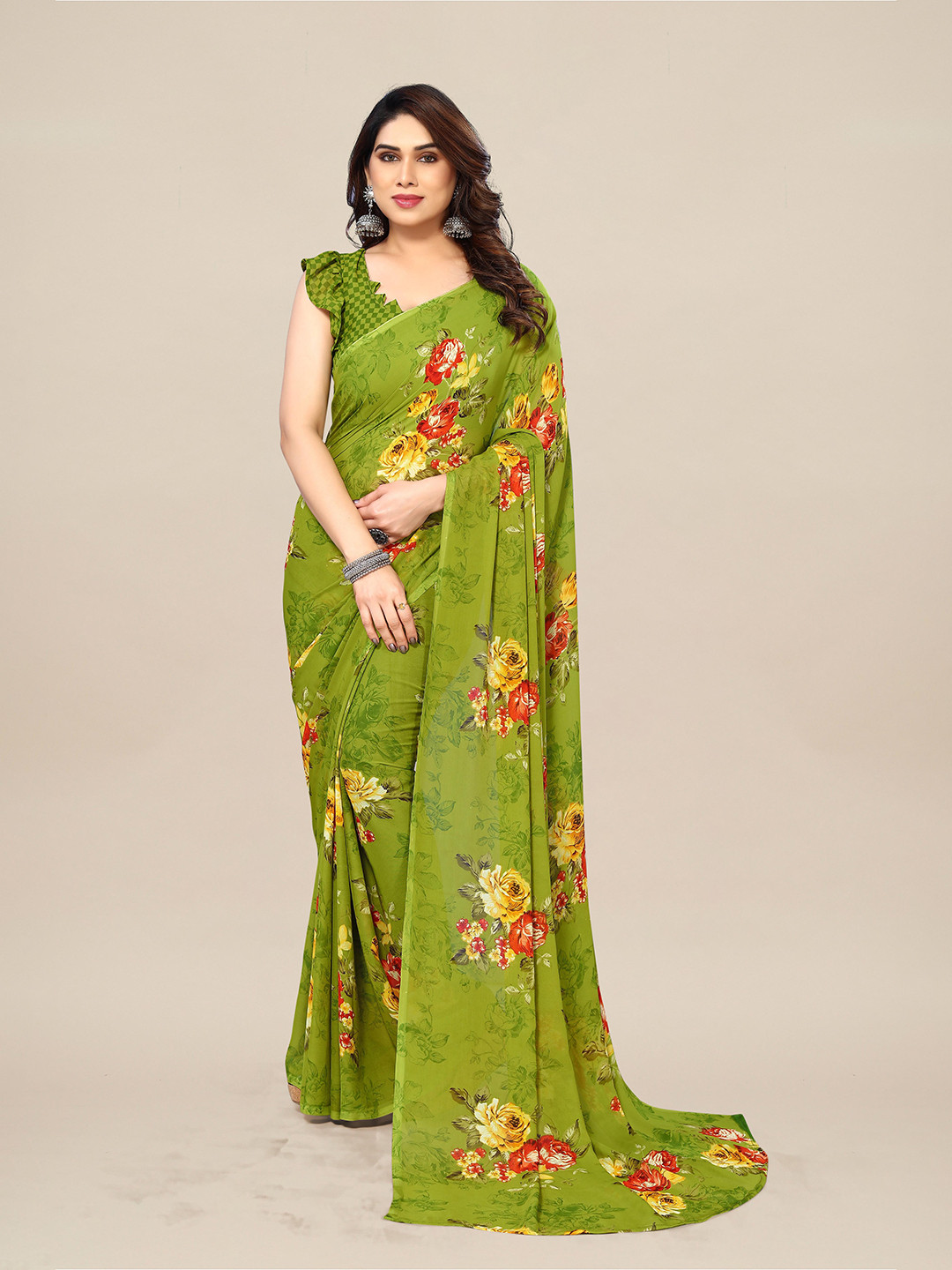 

ANAND SAREES Floral Printed Pure Georgette Saree, Green