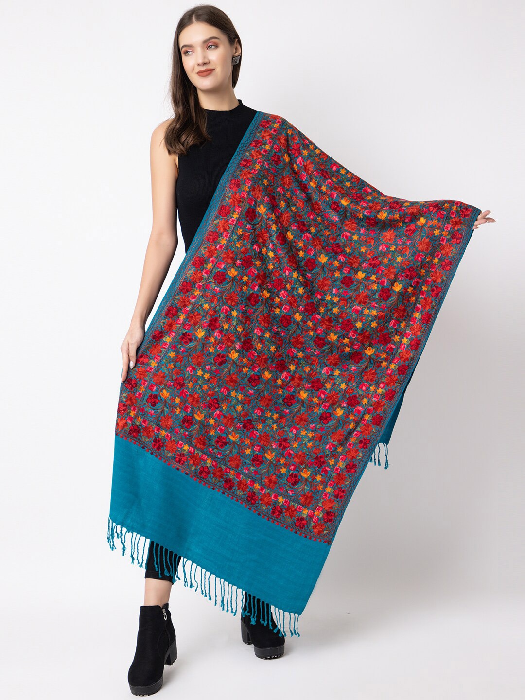 

CASMIR Ethnic Motifs Embroidered Stole, Teal