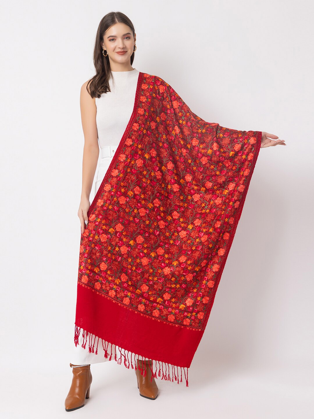 

CASMIR Ethnic Motifs Embroidered Stole, Red
