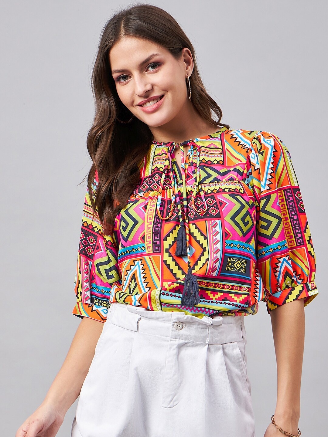 

Style Quotient Yellow Printed Tie-Up Neck Puff Sleeve Top