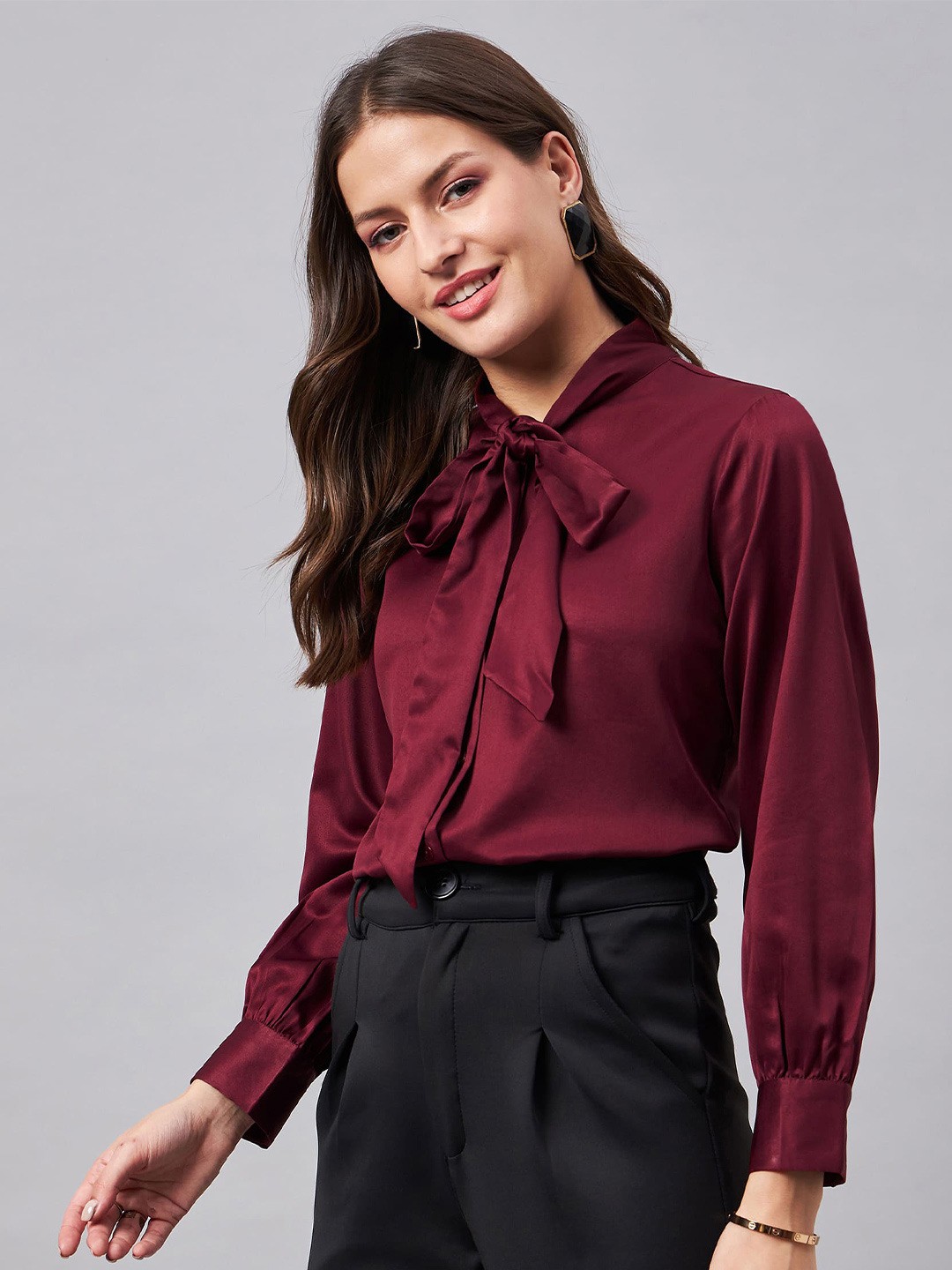 

Style Quotient Maroon Tie-Up Neck Cuffed Sleeves Satin Shirt Style Top