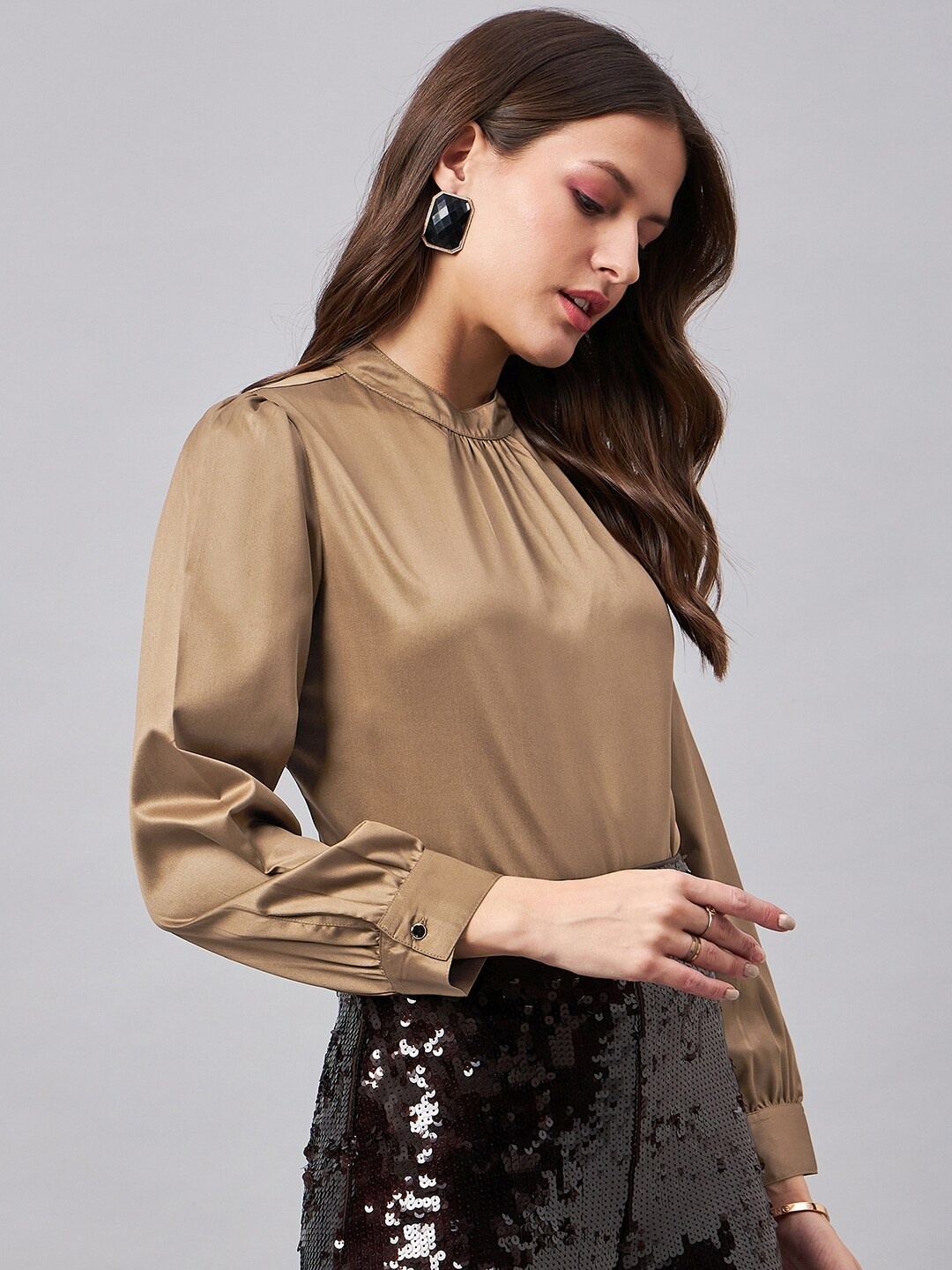

Style Quotient Bronze-Toned High Neck Puff Sleeve Satin Blouson Top