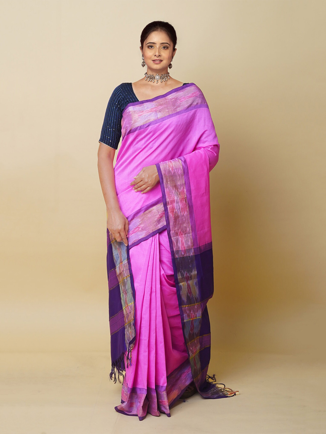 

Unnati Silks Woven Design Border Pochampally Cotton Silk Saree, Pink