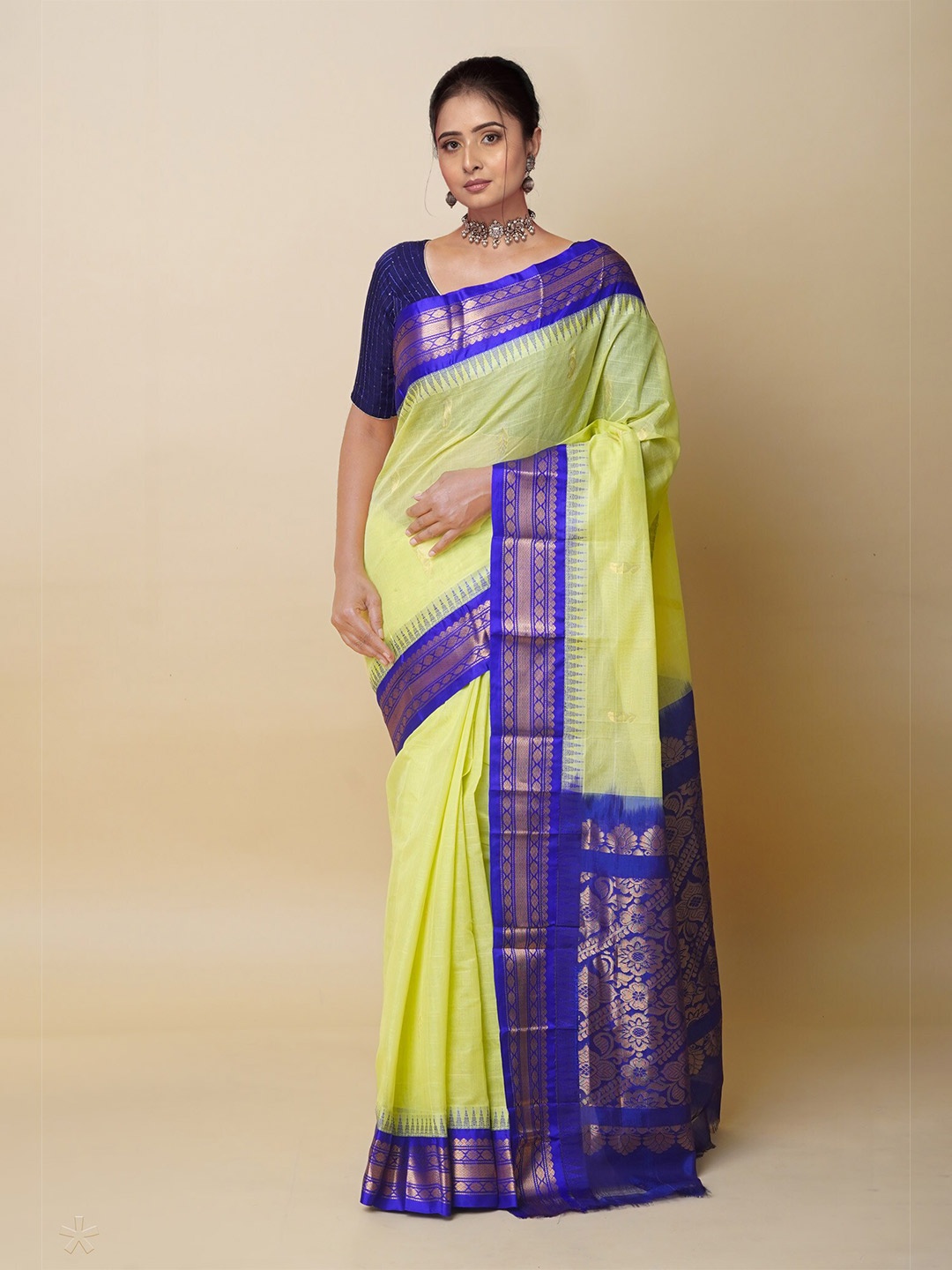 

Unnati Silks Ethnic Motifs Woven Design Pure Cotton Gadwal Saree, Yellow