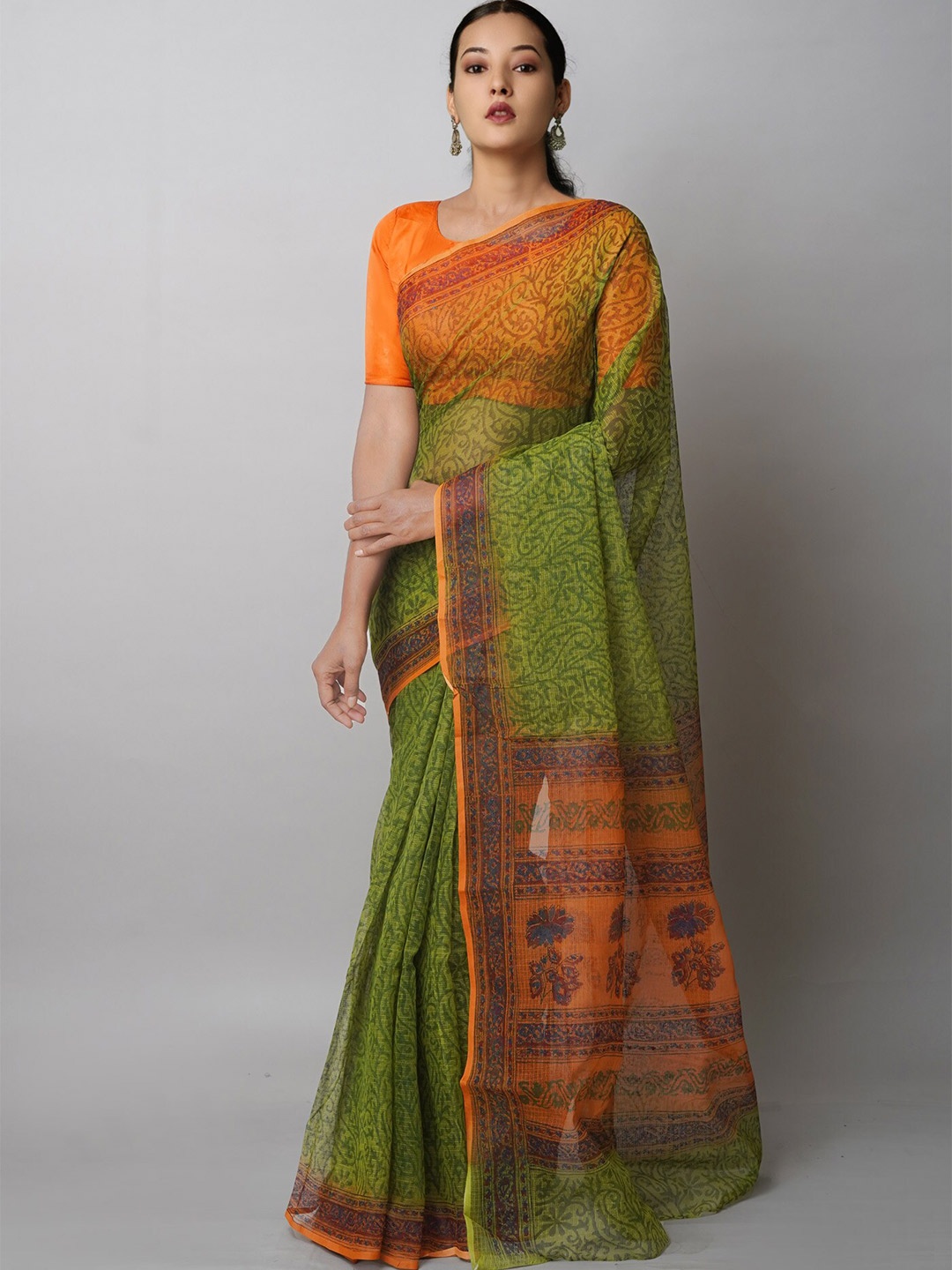 

Unnati Silks Paisley Block Printed Pure Cotton Kota Saree, Green