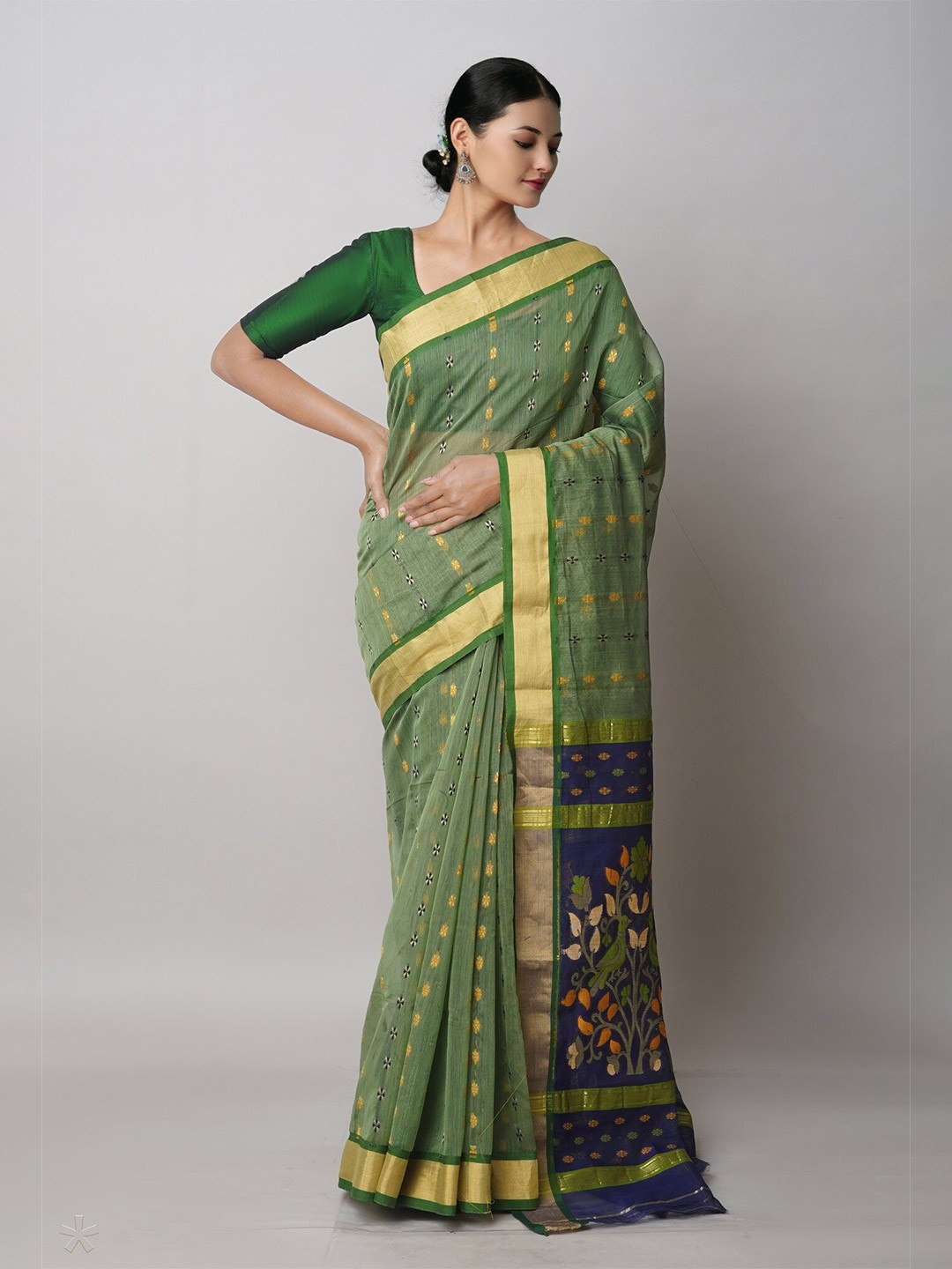 

Unnati Silks Ethnic Motifs Woven Design Zari Cotton Silk Jamdani Saree, Olive