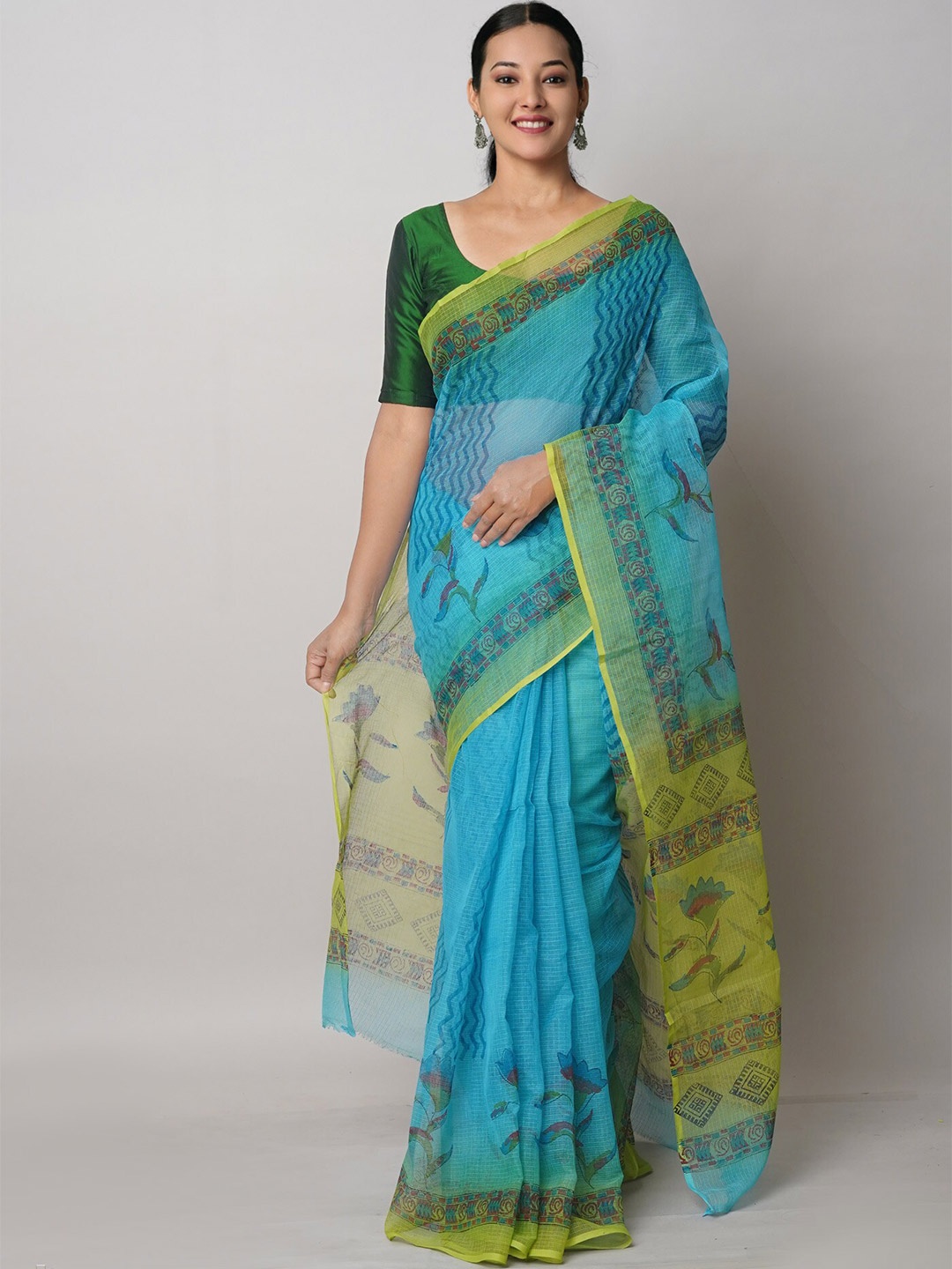 

Unnati Silks Ethnic Motifs Block Printed Pure Cotton Handloom Kota Saree, Blue