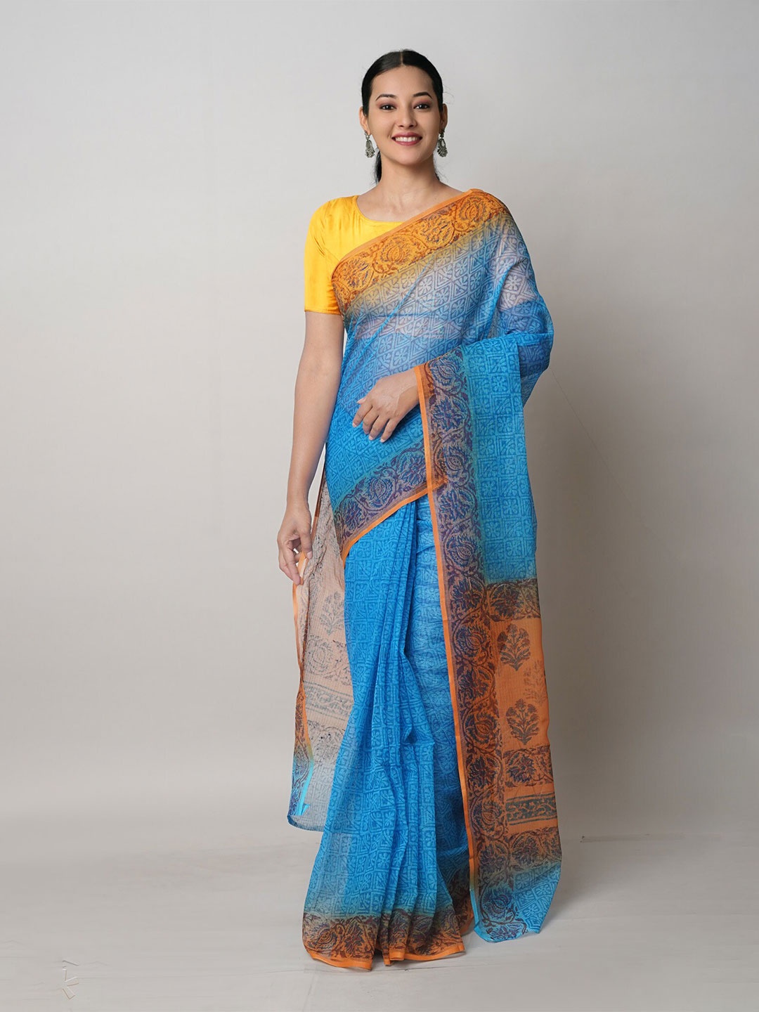 

Unnati Silks Ethnic Motifs Block Printed Pure Cotton Handloom Kota Saree, Blue
