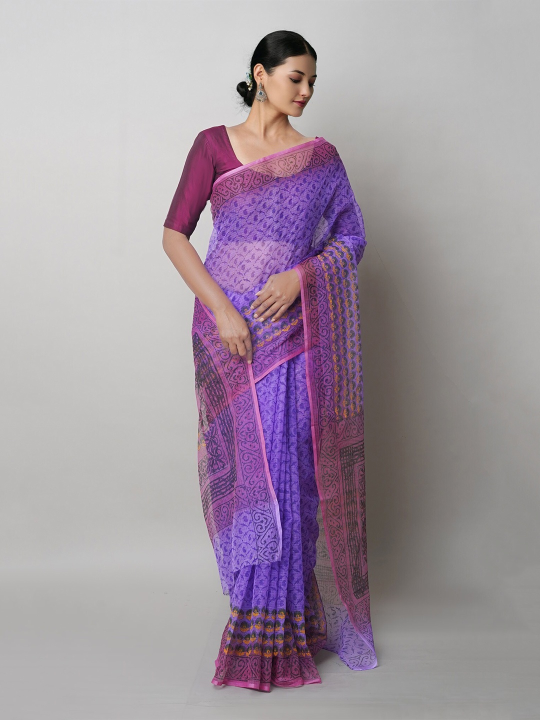 

Unnati Silks Ethnic Motifs Block Printed Pure Cotton Handloom Kota Saree, Violet
