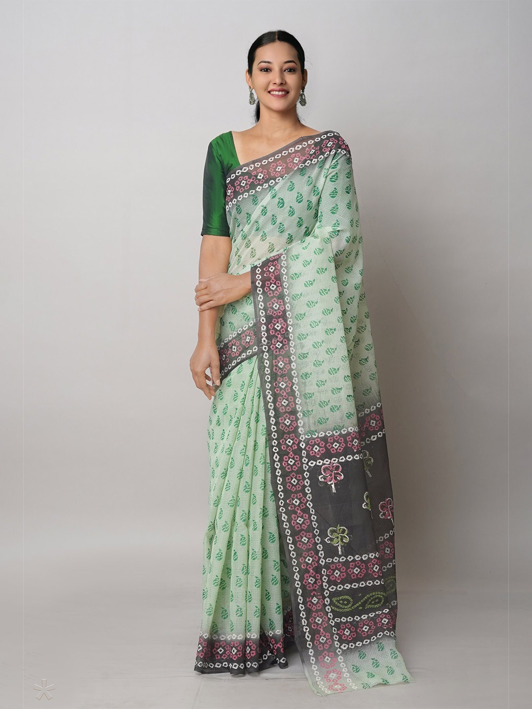 

Unnati Silks Ethnic Motifs Block Printed Pure Cotton Handloom Kota Saree, Green