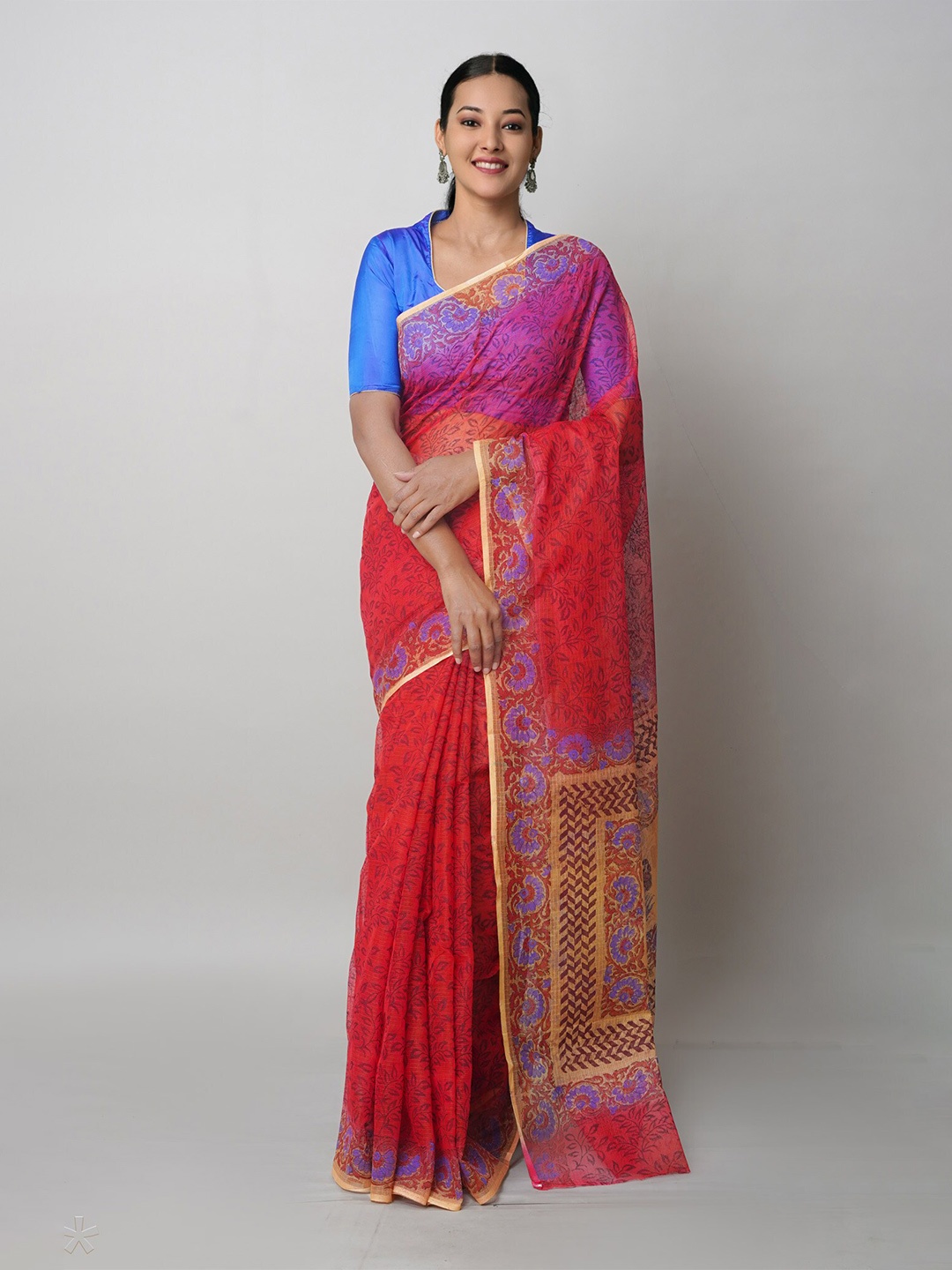 

Unnati Silks Floral Block Printed Pure Cotton Handloom Kota Saree, Red