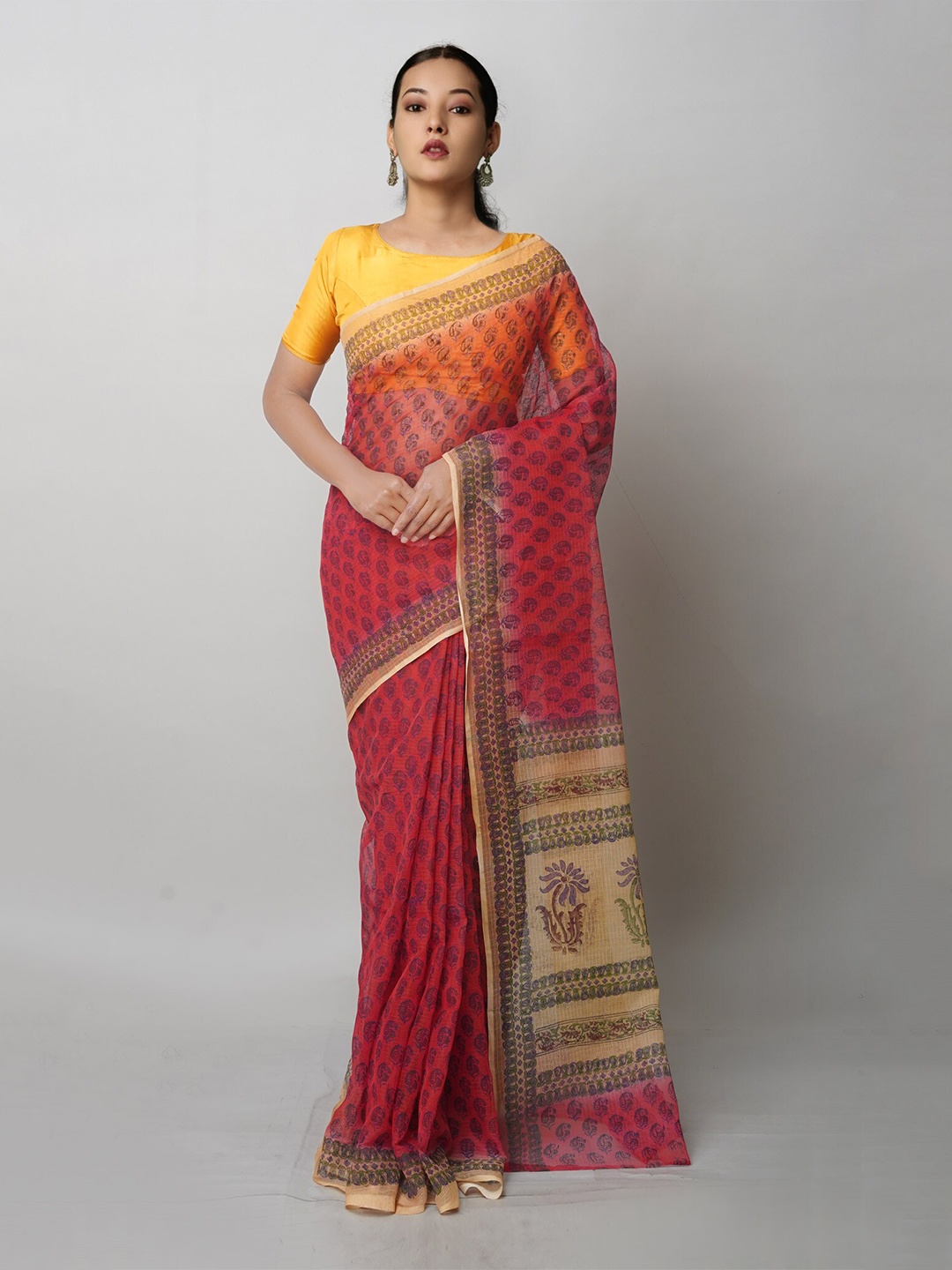 

Unnati Silks Ethnic Motifs Block Printed Pure Cotton Handloom Kota Saree, Red