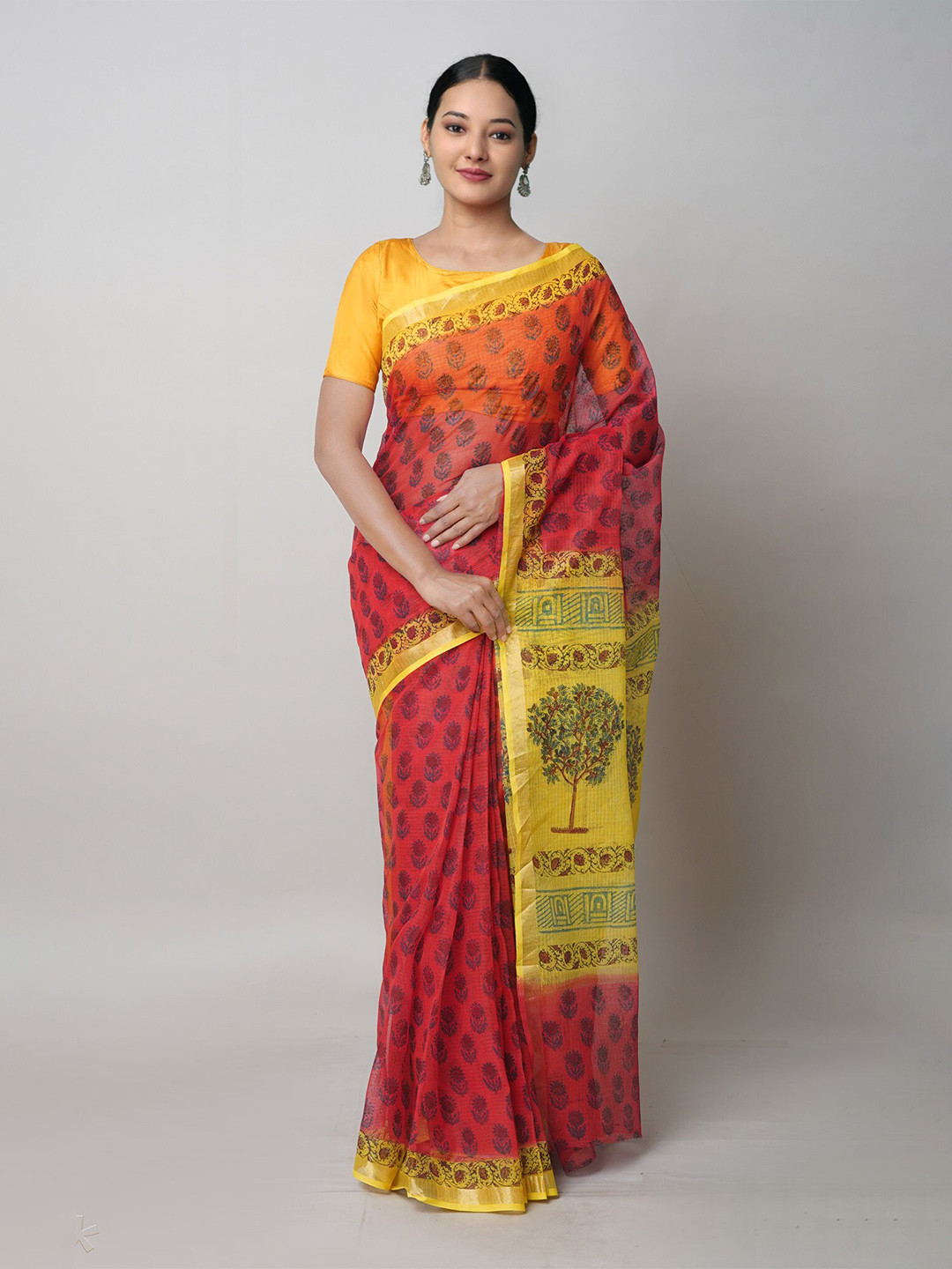 

Unnati Silks Floral Printed Zari Pure Cotton Kota Saree, Red
