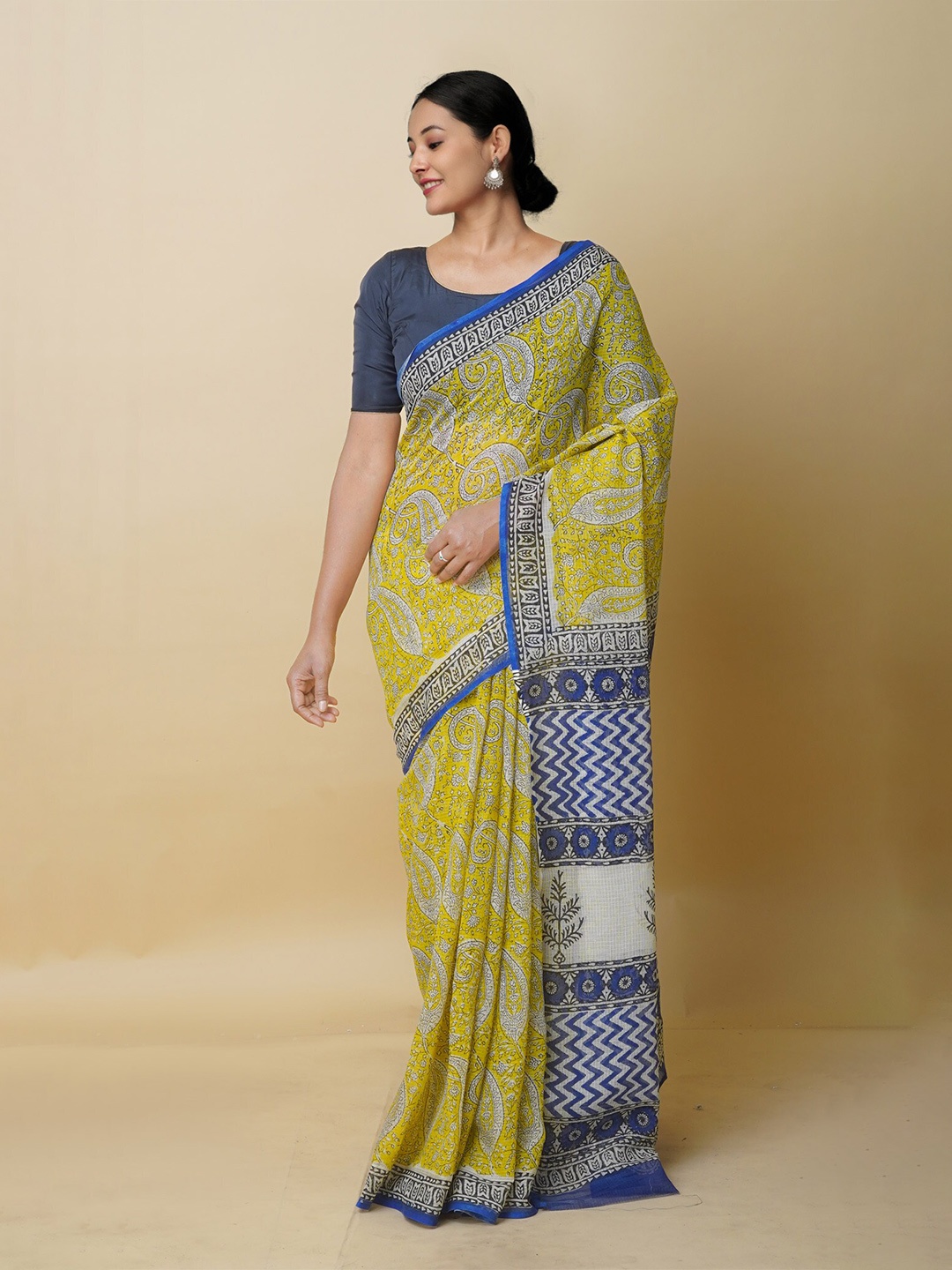 

Unnati Silks Paisley Printed Pure Cotton Kota Saree, Yellow