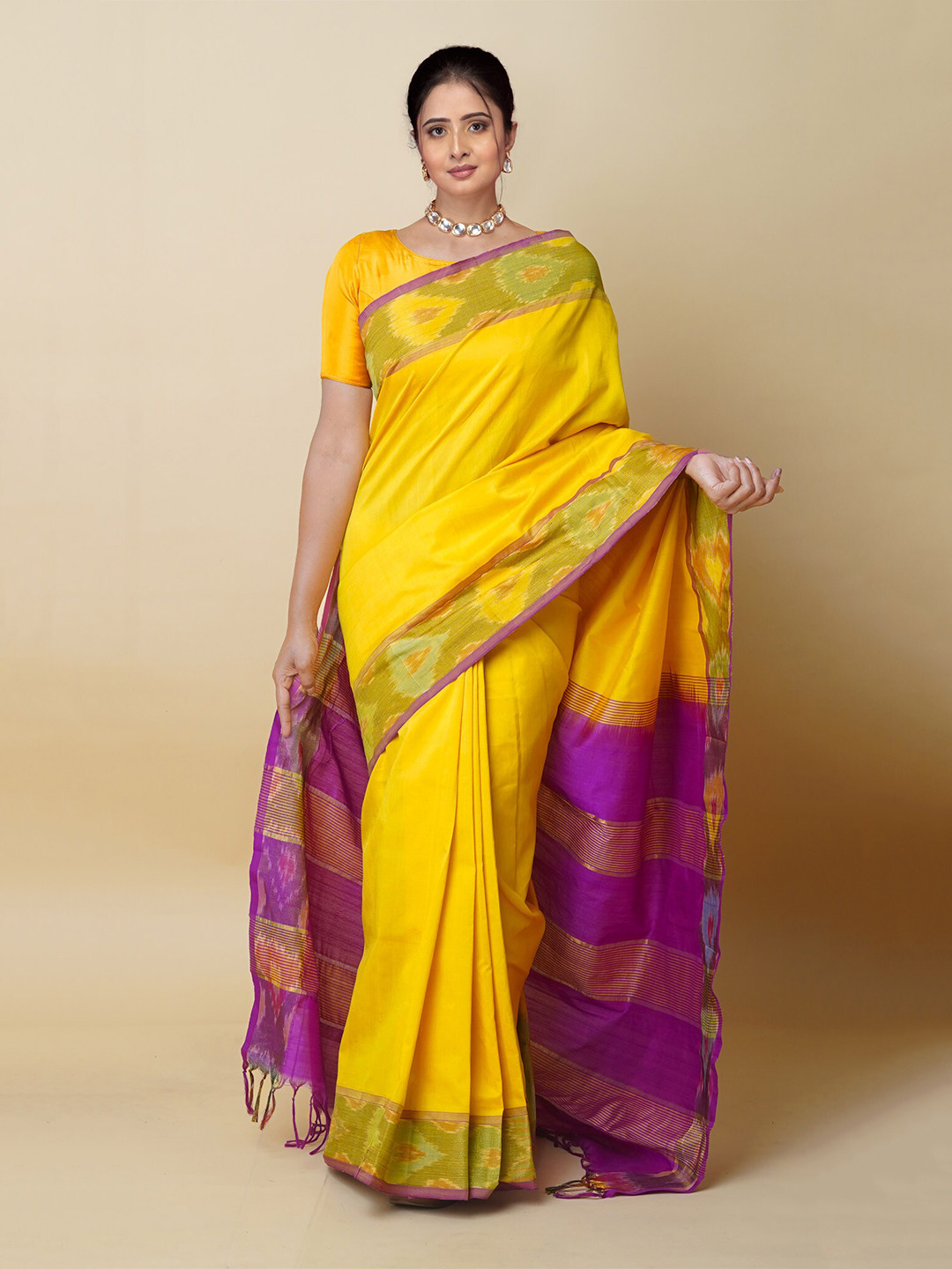 

Unnati Silks Zari Pochampally Saree, Yellow