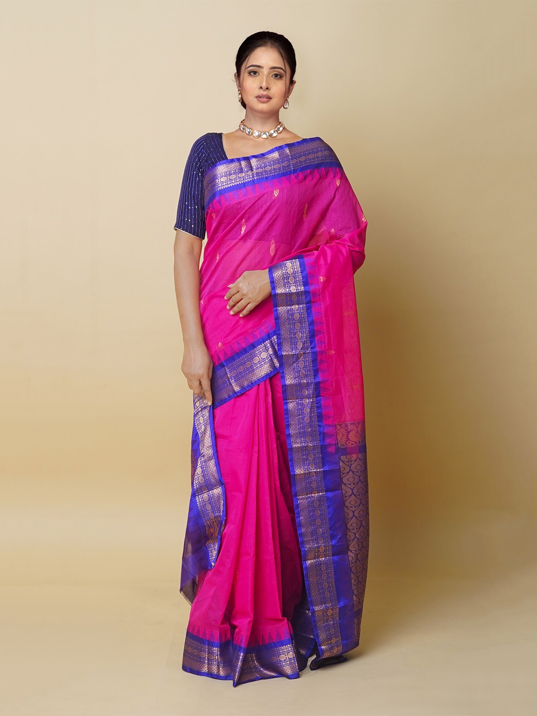 

Unnati Silks Ethnic Motifs Woven Design Zari Pure Cotton Gadwal Saree, Pink