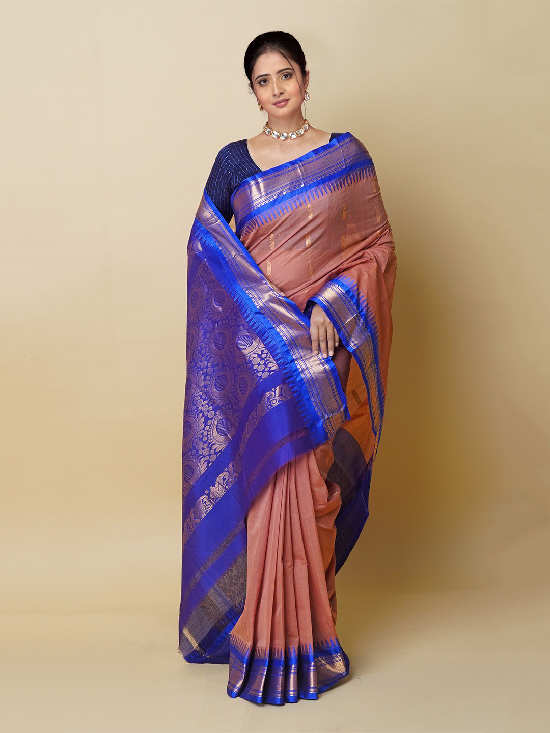 

Unnati Silks Ethnic Motifs Woven Design Zari Pure Cotton Gadwal Saree, Brown