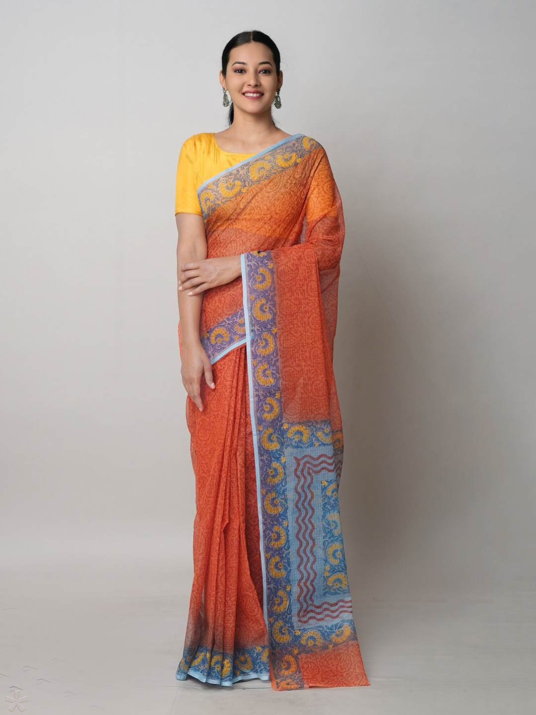 

Unnati Silks Ethnic Motifs Printed Pure Cotton Handloom Kota Saree, Orange