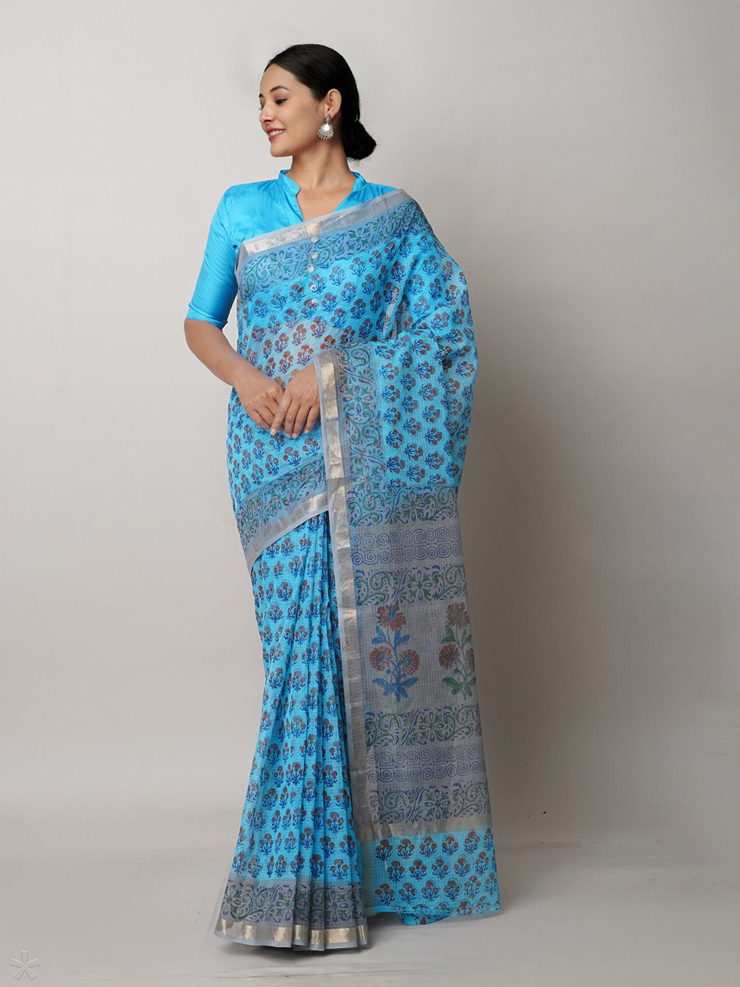 

Unnati Silks Blue Ethnic Motifs Block Printed Zari Pure Cotton Kota Saree