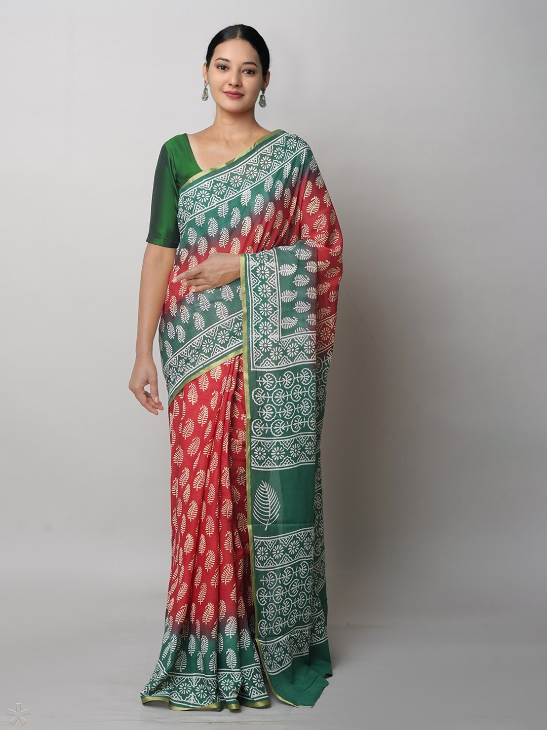 

Unnati Silks Ethnic Motifs Block Printed Zari Pure Cotton Saree, Red