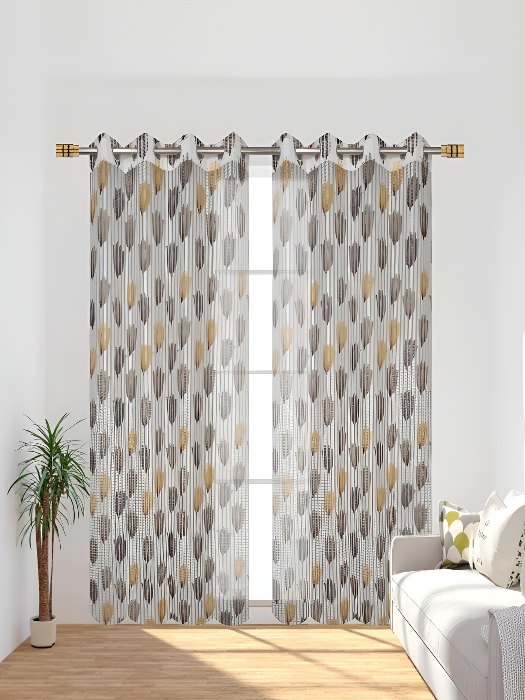 COMFY HOME Brown & White 2 Pieces Floral Sheer Door Curtains