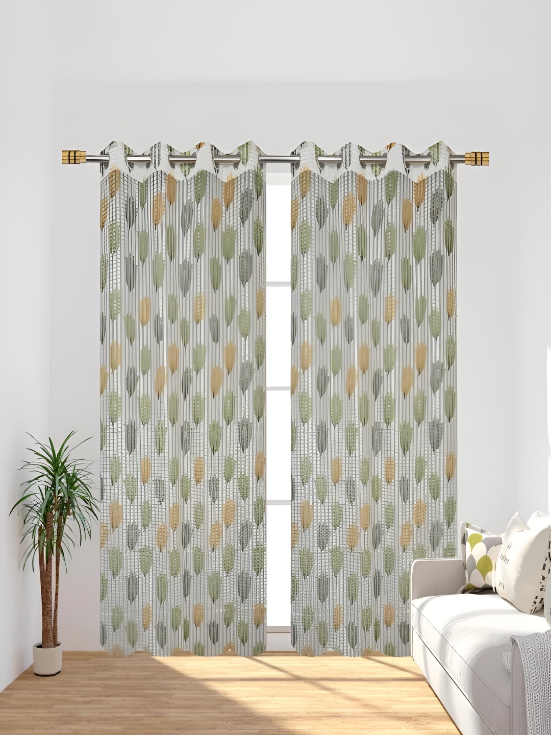 

COMFY HOME Green & White 2 Pieces Floral Sheer Door Curtains