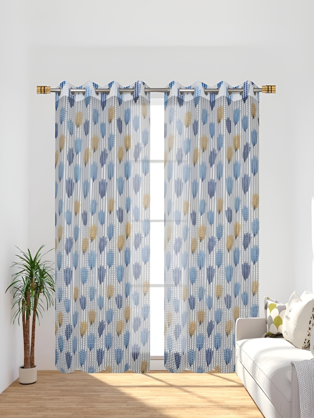 COMFY HOME Blue & White 2 Pieces Floral Sheer Long Door Curtains