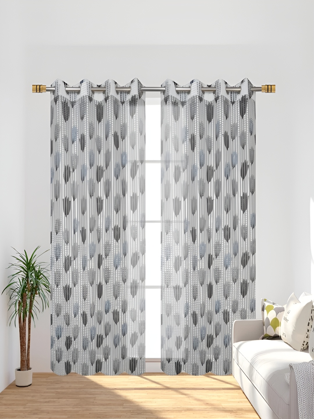 

COMFY HOME Grey & White 2 Pieces Floral Sheer Long Door Curtains