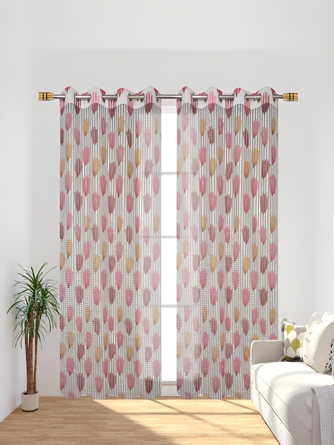 

COMFY HOME Maroon & Pink 2 Pieces Floral Sheer Door Curtains