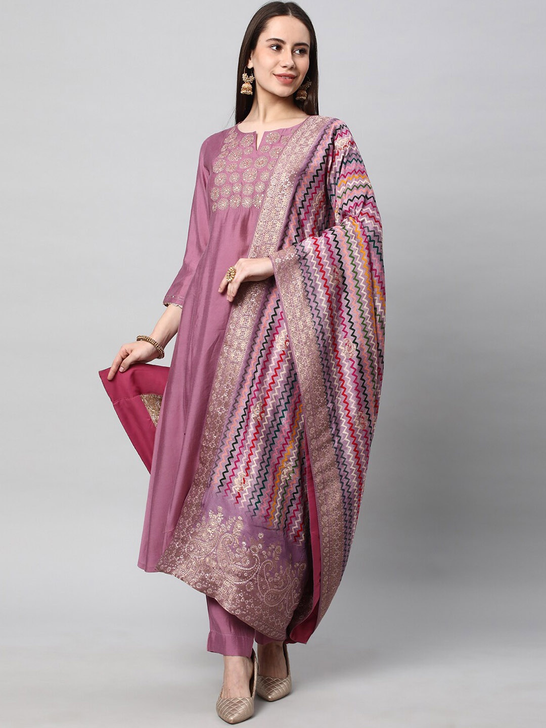 

KAMI KUBI Sequinned Yoke Design A-Line Kurta With Trousers & Dupatta, Pink