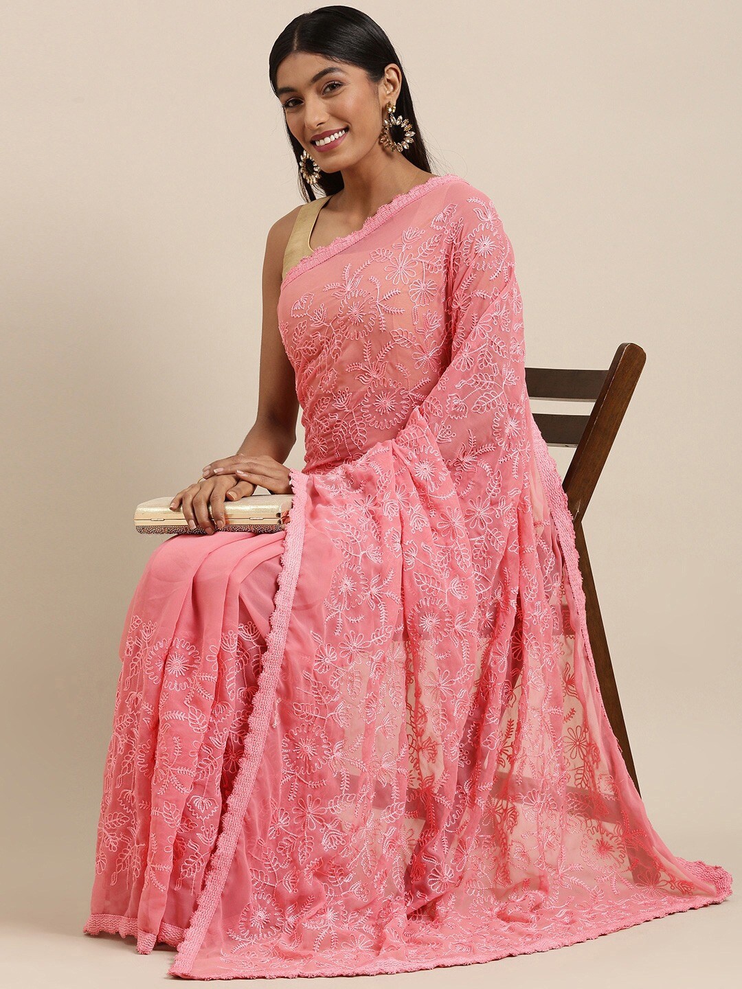

KS KAMYA SAREES Floral Embroidered Poly Georgette Saree, Pink