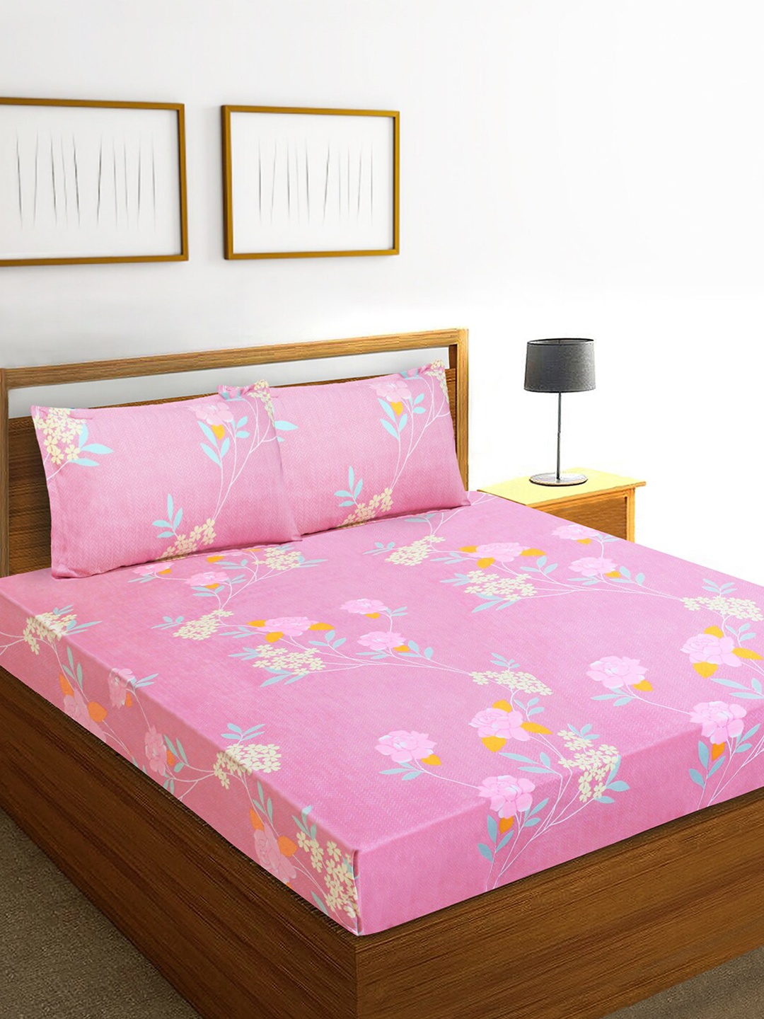 

Aura Pink & Blue Floral Microfiber 144 TC Queen Bedsheet with 2 Pillow Covers