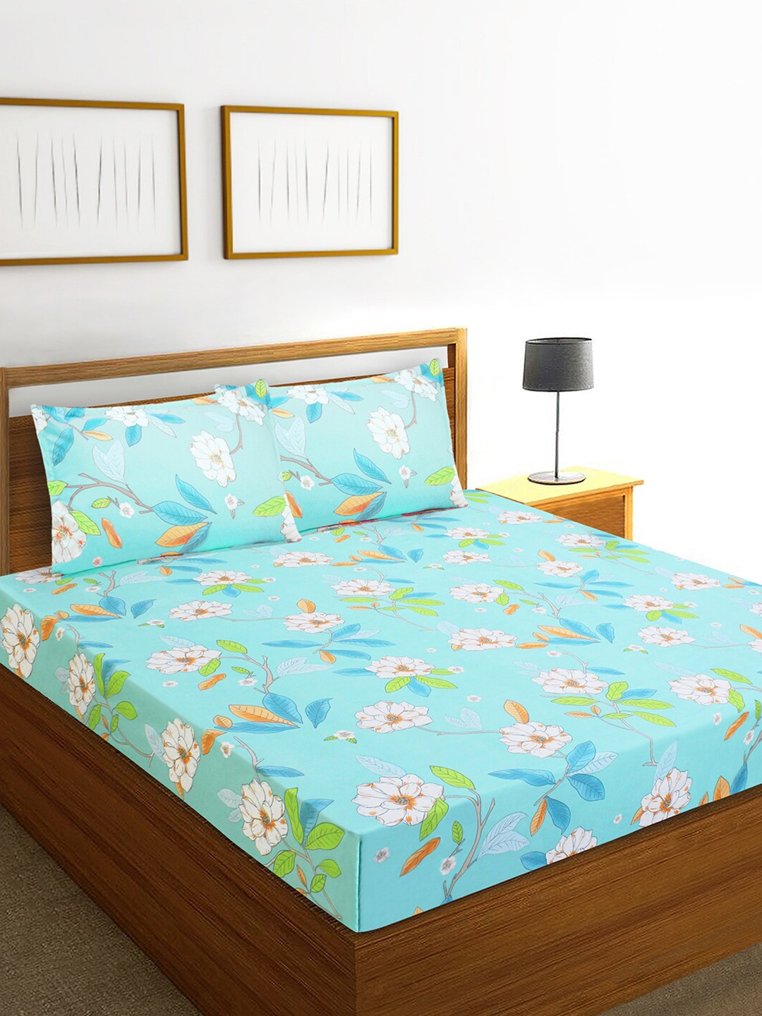 

Aura Floral 144 TC Queen Bedsheet with 2 Pillow Covers, Blue