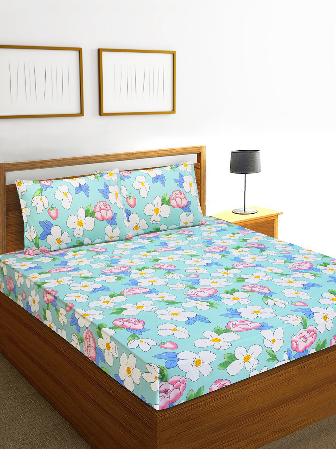 

Aura Floral Printed 144 TC Queen Bedsheet with 2 Pillow Covers, Blue