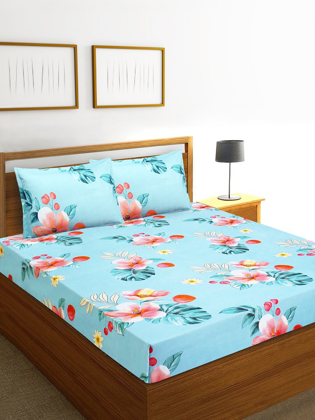 

Aura Floral 144 TC Queen Bedsheet with 2 Pillow Covers, Blue