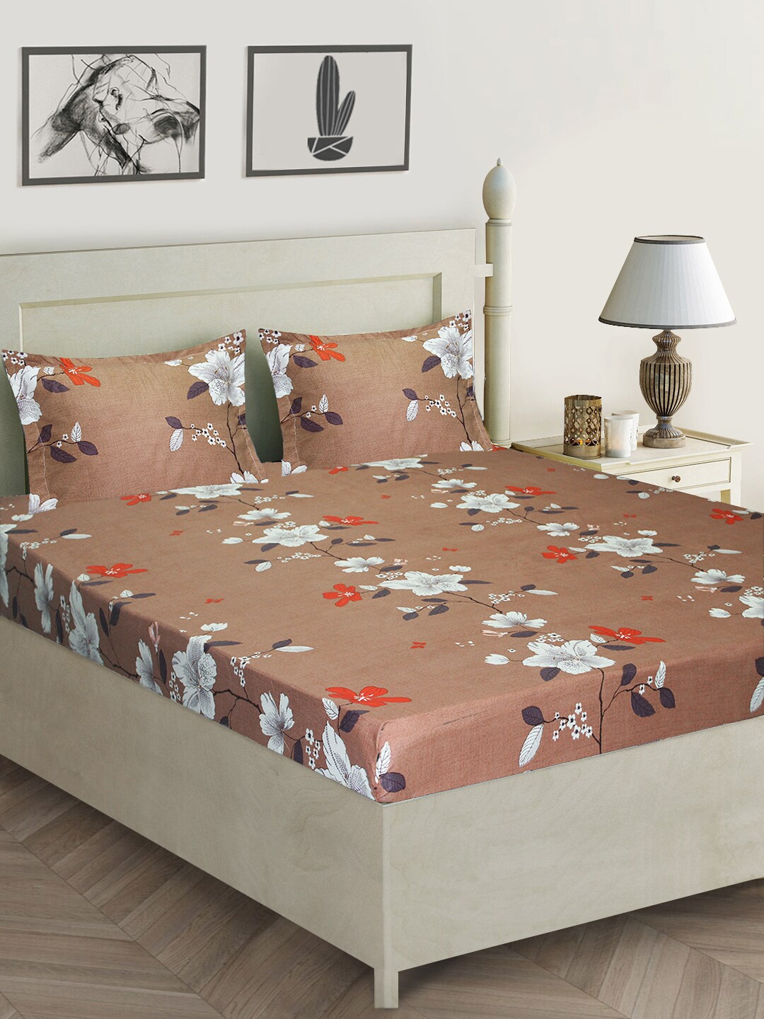 

Aura Brown Floral 152 TC Queen Bedsheet with 2 Pillow Covers