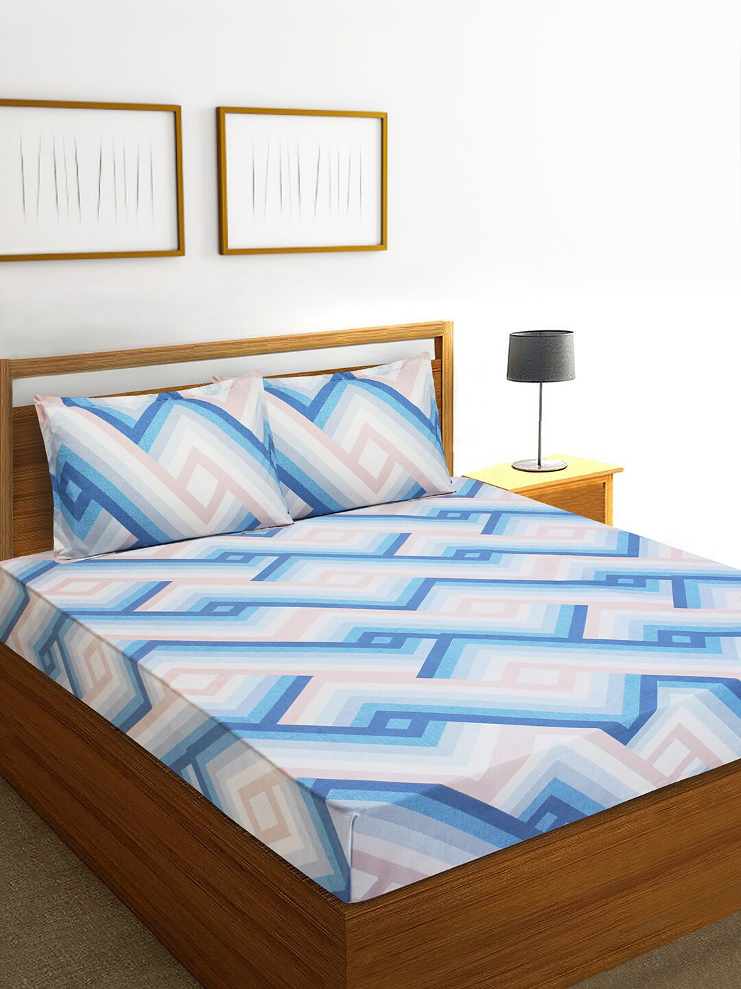 

Aura Geometric Print 144 TC Queen Bedsheet with 2 Pillow Covers, Blue
