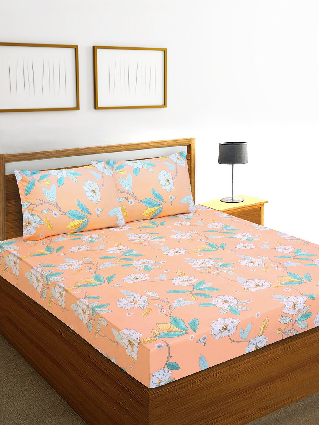 

Aura Orange Blue Floral 144 TC Queen Bedsheet with 2 Pillow Covers