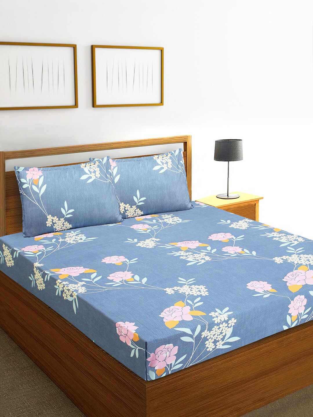 

Aura Blue Pink Floral 144 TC Queen Bedsheet with 2 Pillow Covers