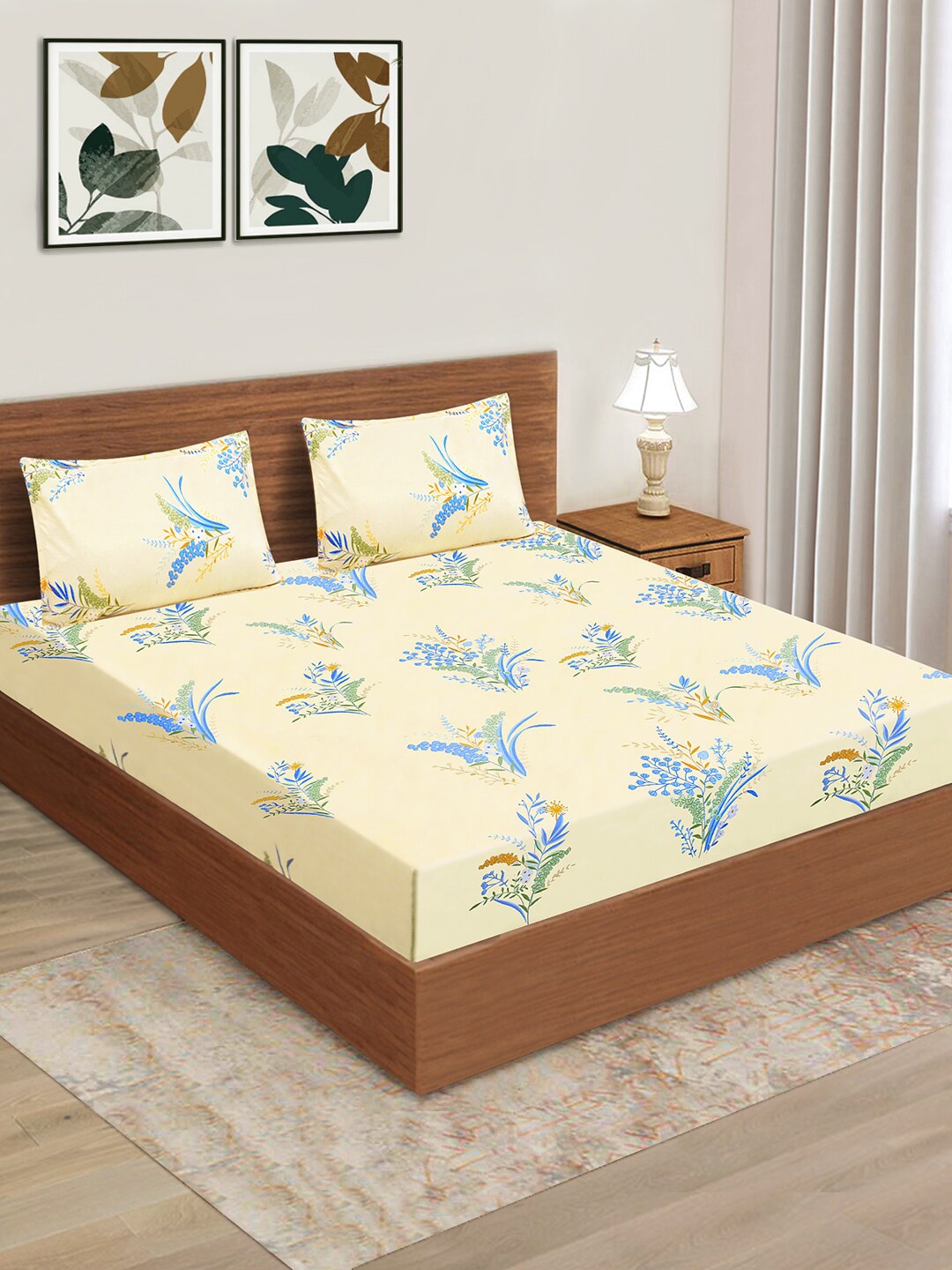 

Aura Yellow & Blue Floral 160 TC Queen Bedsheet with 2 Pillow Covers