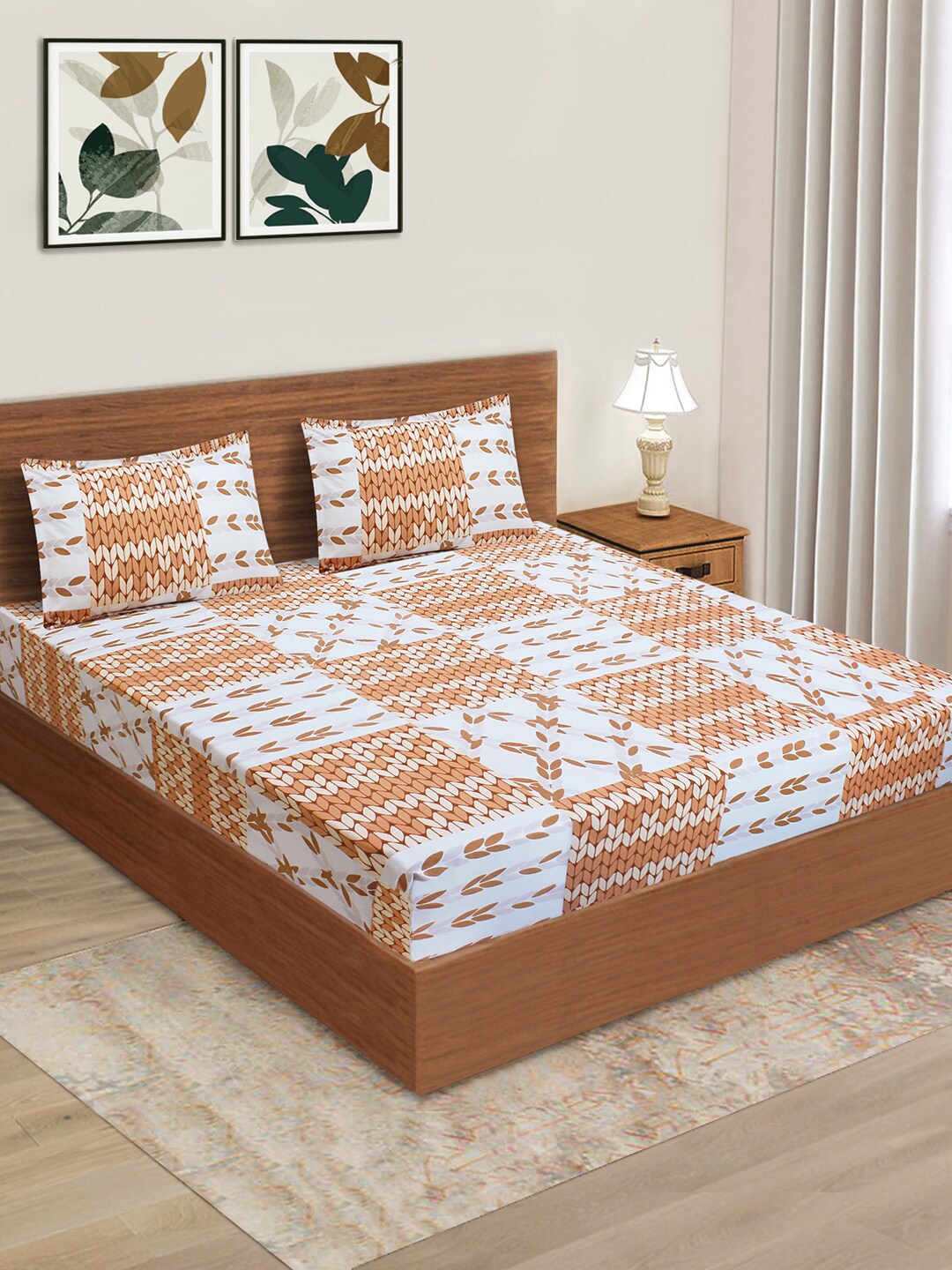

Aura White & Brown Floral 160 TC Queen Bedsheet with 2 Pillow Covers