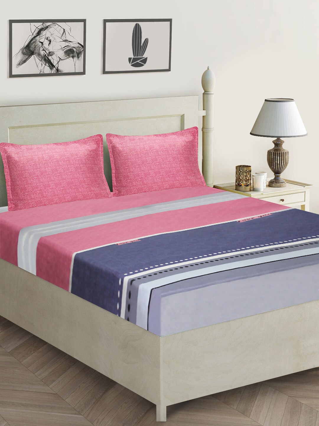 

Aura Pink & Blue Striped 152 TC Queen Bedsheet with 2 Pillow Covers