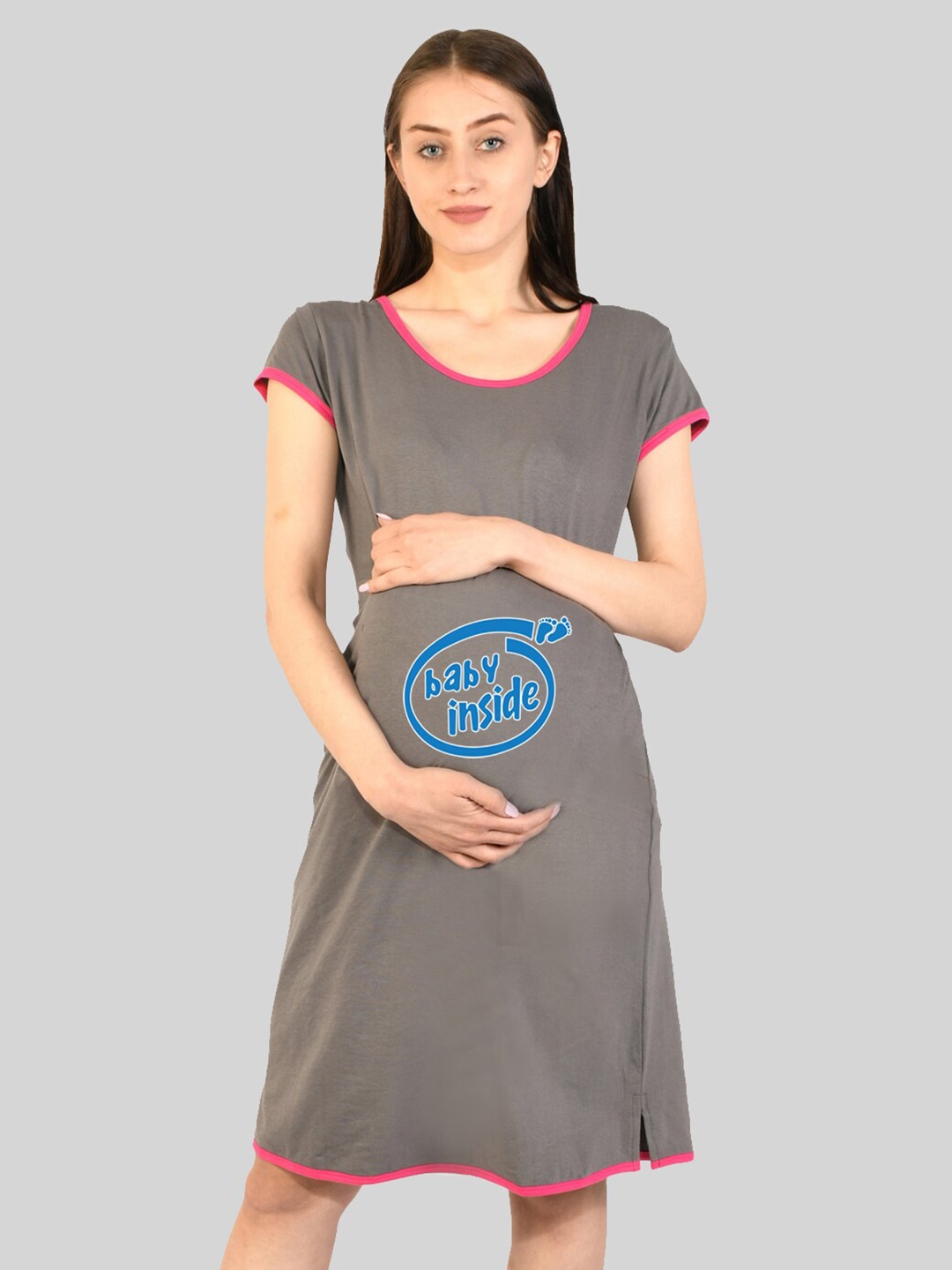 

SillyBoom Typography Printed T-Shirt Maternity Nightdress, Grey