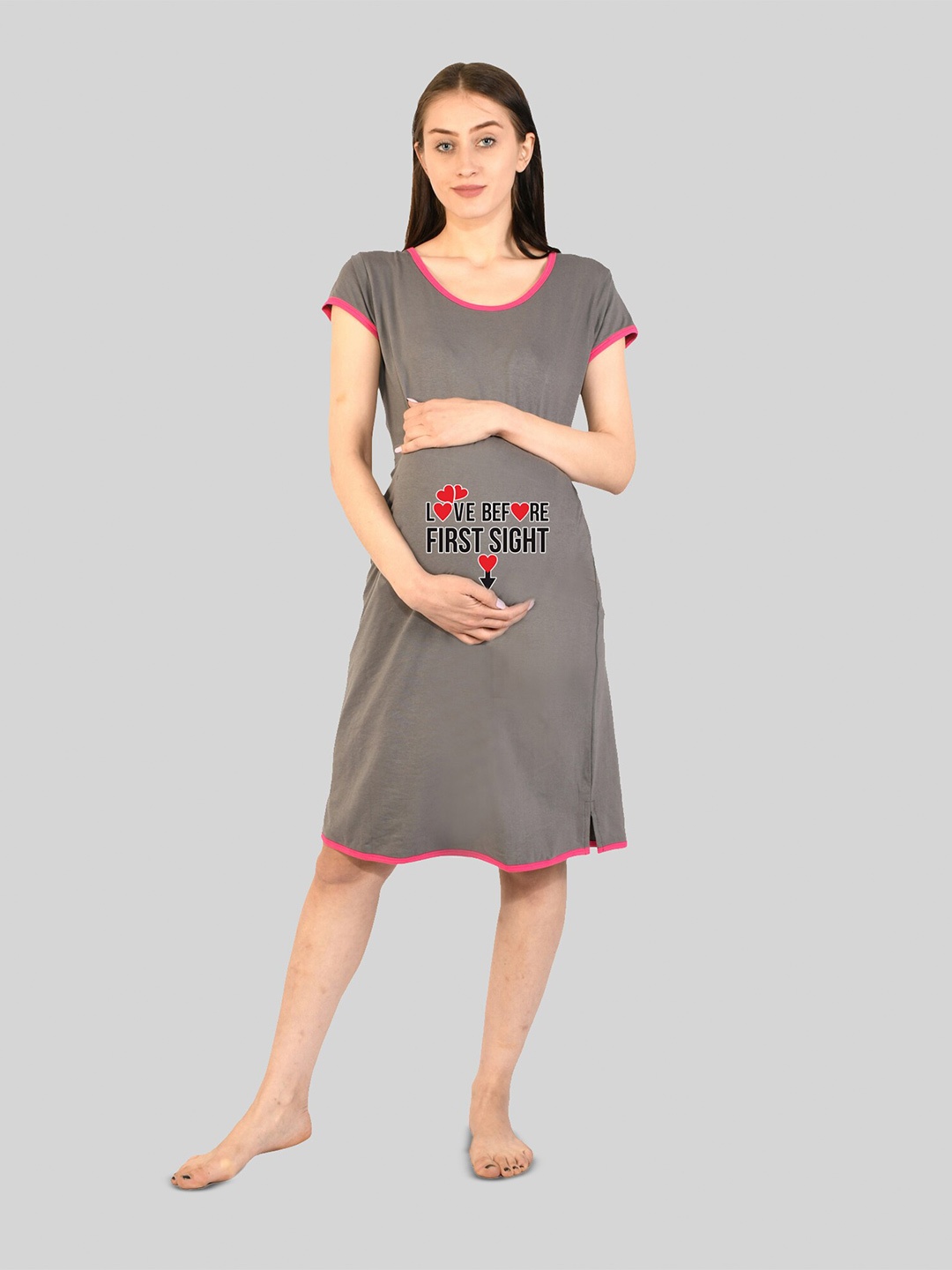 

SillyBoom Typography Printed T-Shirt Maternity Nightdress, Grey