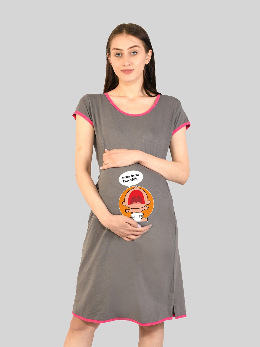 

SillyBoom Graphic Printed Round Neck Maternity T-shirt Nightdress, Grey