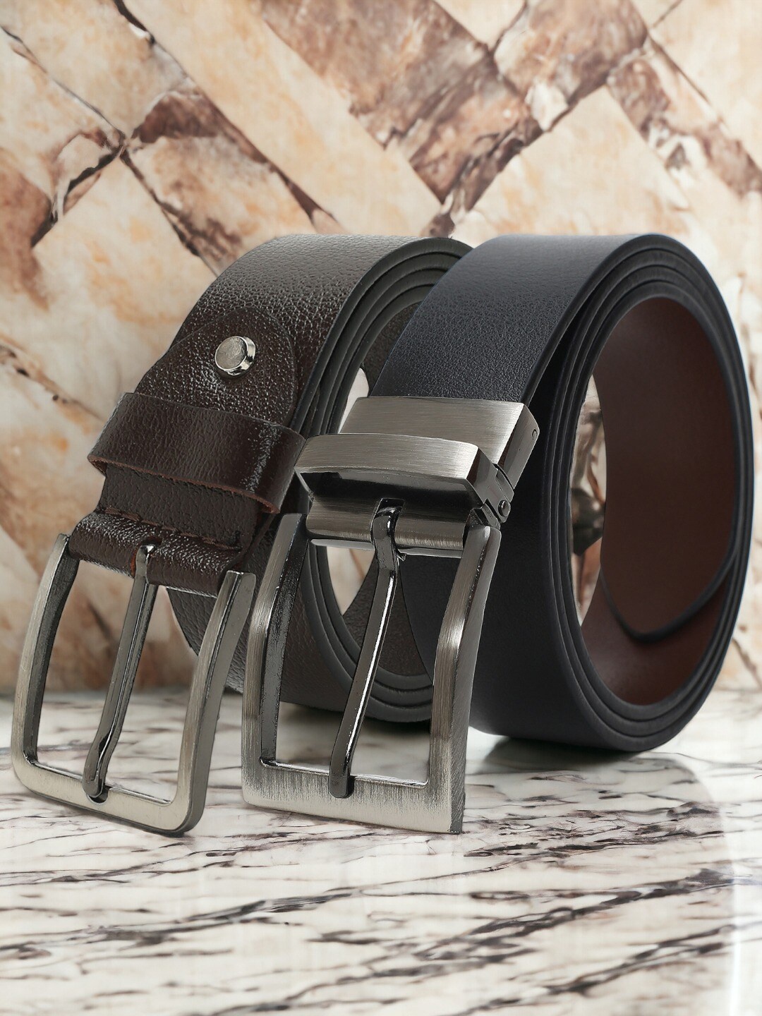 

CRUSSET Men Set Of 2 Textured Leather Reversible Wide Belt, Black
